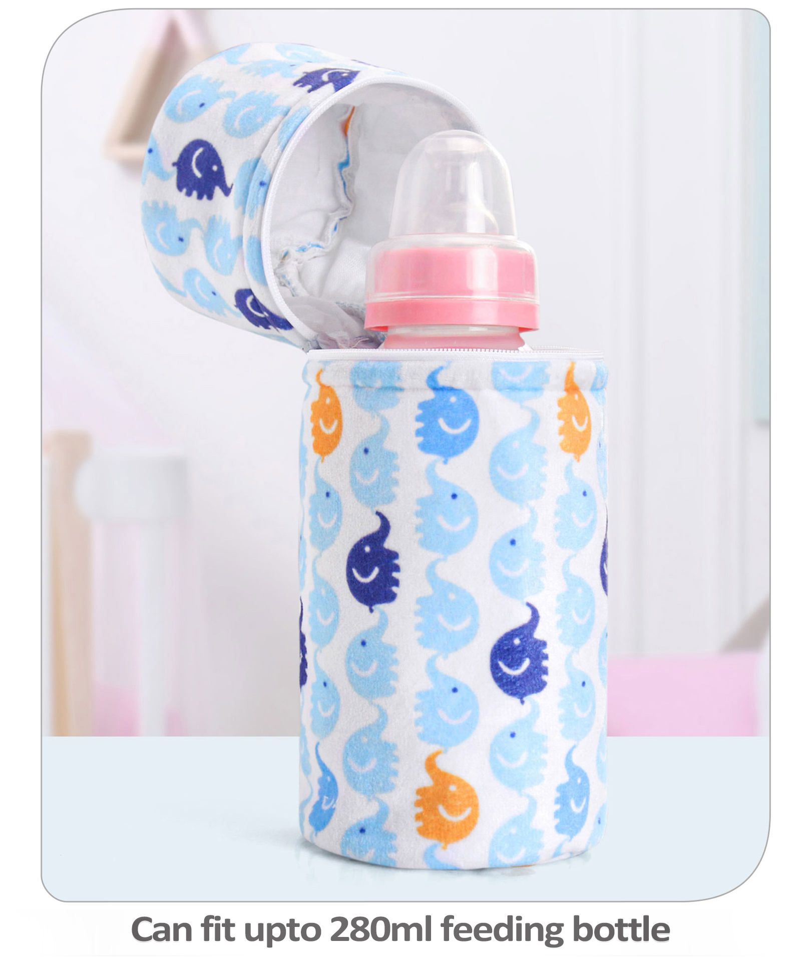 Babyhug Feeding Bottle Cover with Zip ElephantPrint Blue - Fits Upto 330 ml-picture-28