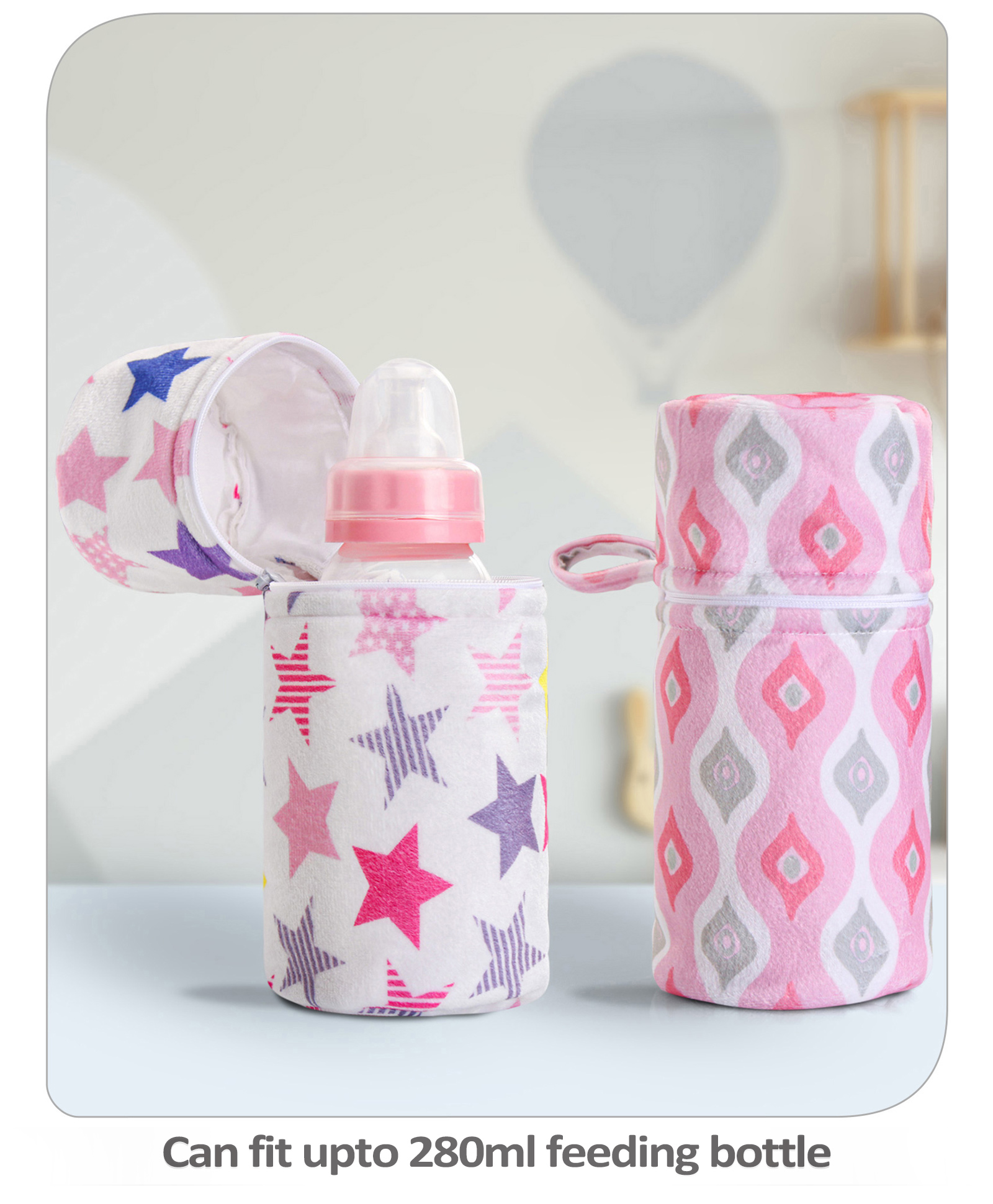 Babyhug Feeding Bottle Cover with Zip Star Print  Pack Of 2 Pink - Fits Upto 330 ml Each