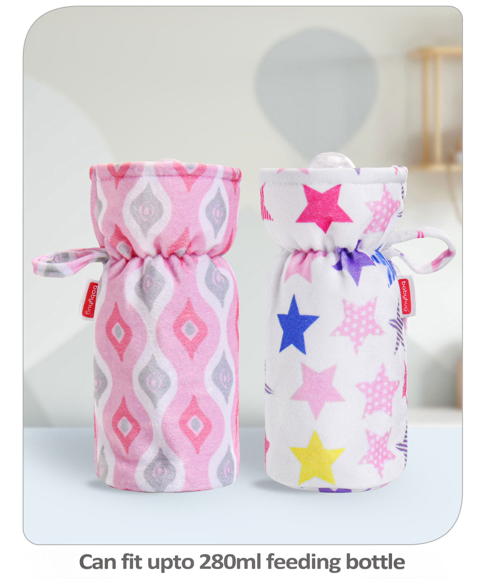 Babyhug Feeding Bottle Cover Star Print Pack of 2 Pink - Fits upto 330 ml Each