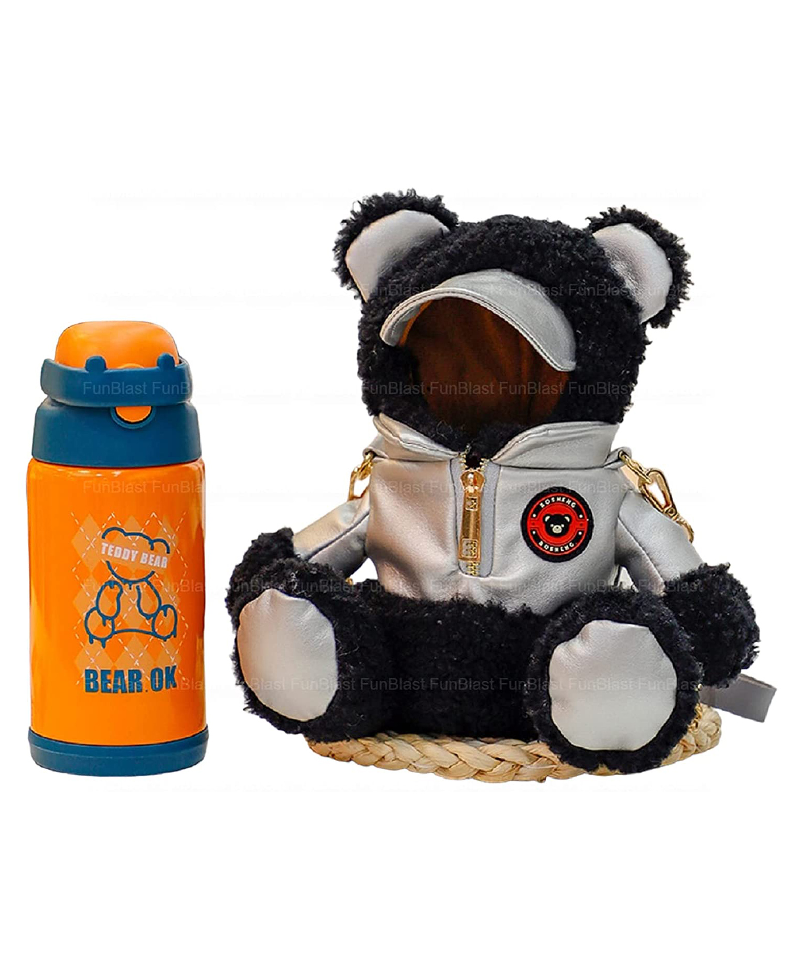 FunBlast Water Bottle with Cute Teddy Carry Cover and Straw  Orange & Grey-image-27