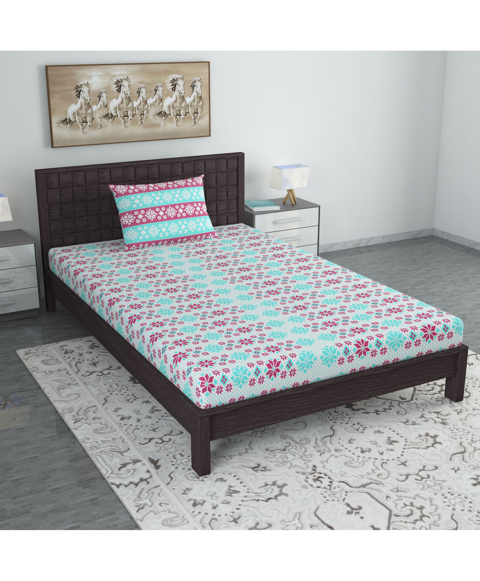 Divine Casa Floral Blend Cotton Single Bedsheet with 1 Pillow Cover - Sky Blue & Pink-picture-21