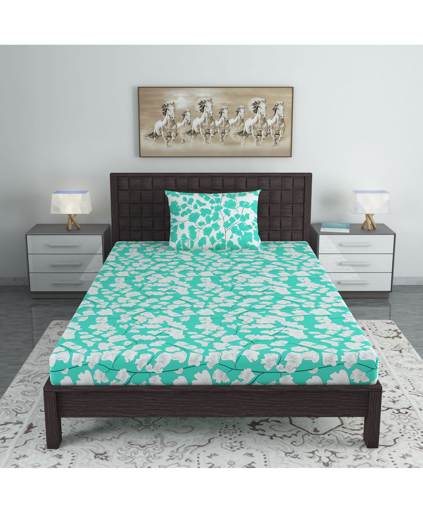 Divine Casa Floral Blend Cotton Single Bedsheet with 1 Pillow Cover - Aqua Green & White-picture-20