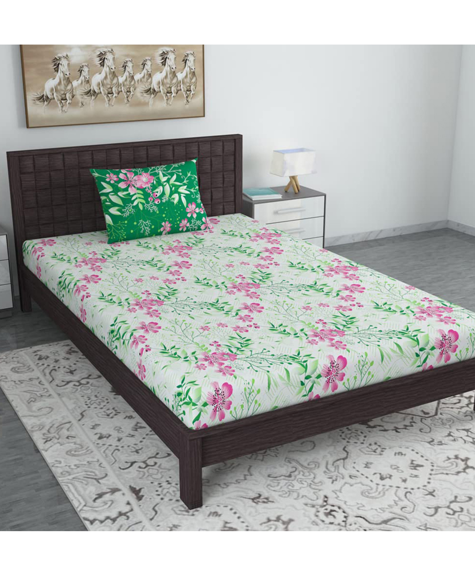 Divine Casa Floral Blend Cotton Single Bedsheet with 1 Pillow Cover - Green & Pink-picture-19