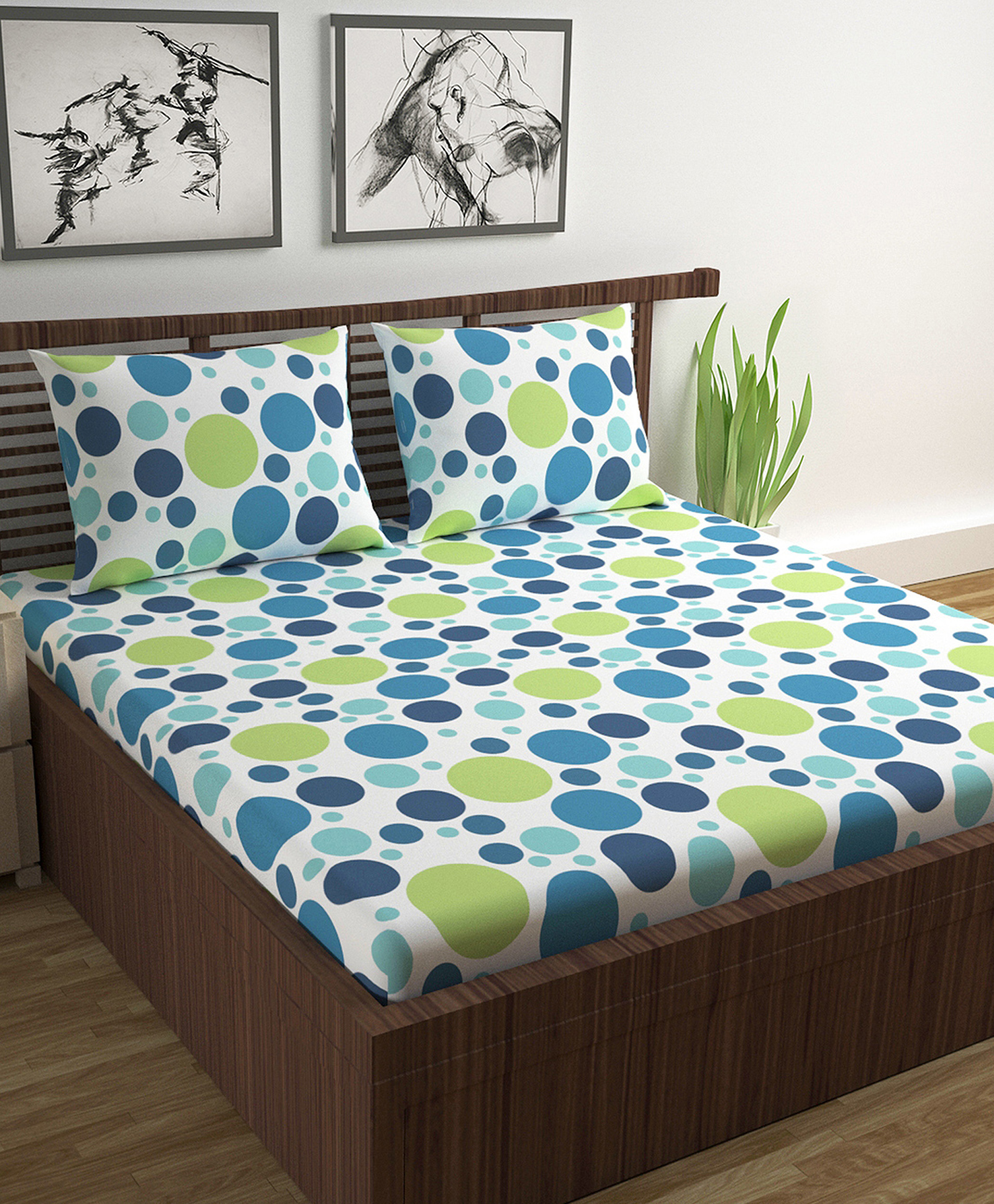 Divine Casa Polka Dots Pure Cotton Double Bedsheet with 2 Pillow Covers - Blue & Green-picture-21