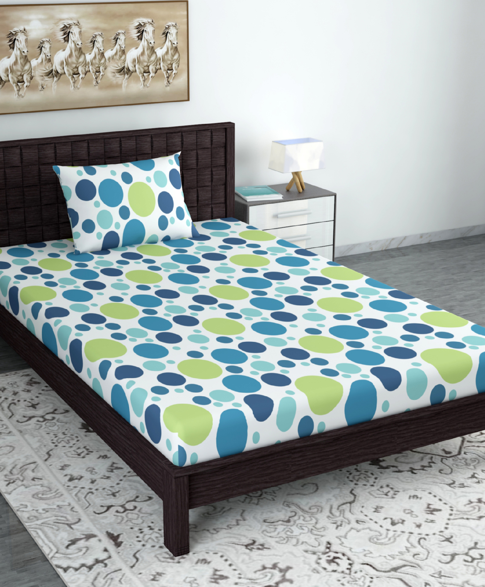 Divine Casa Polka Dots Pure Cotton Single Bedsheet with 1 Pillow Cover - Blue & Green-image-43