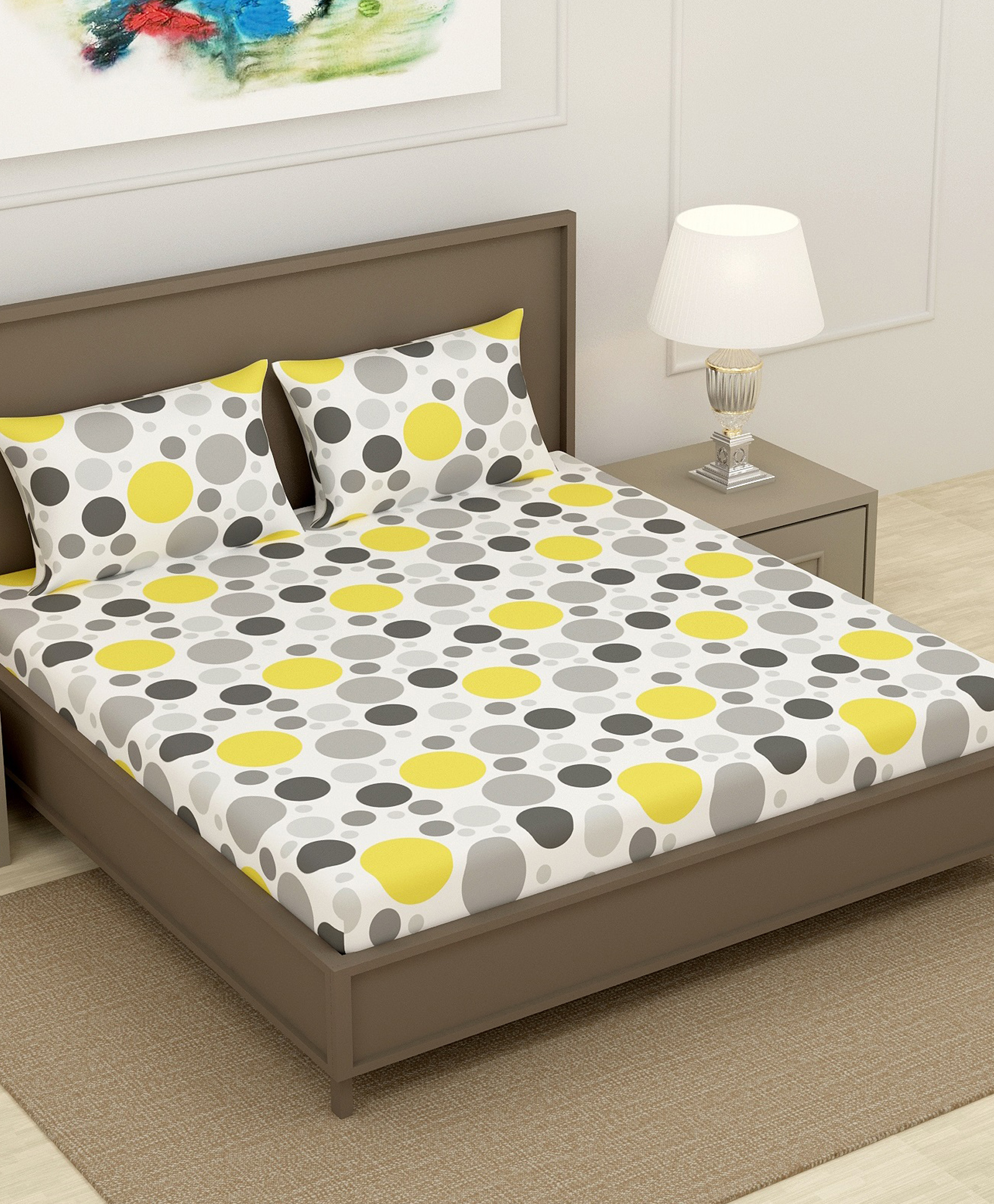 Divine Casa Polka Dots Pure Cotton Double Bedsheet with 2 Pillow Covers - Pale Lime Yellow & Grey-image-16