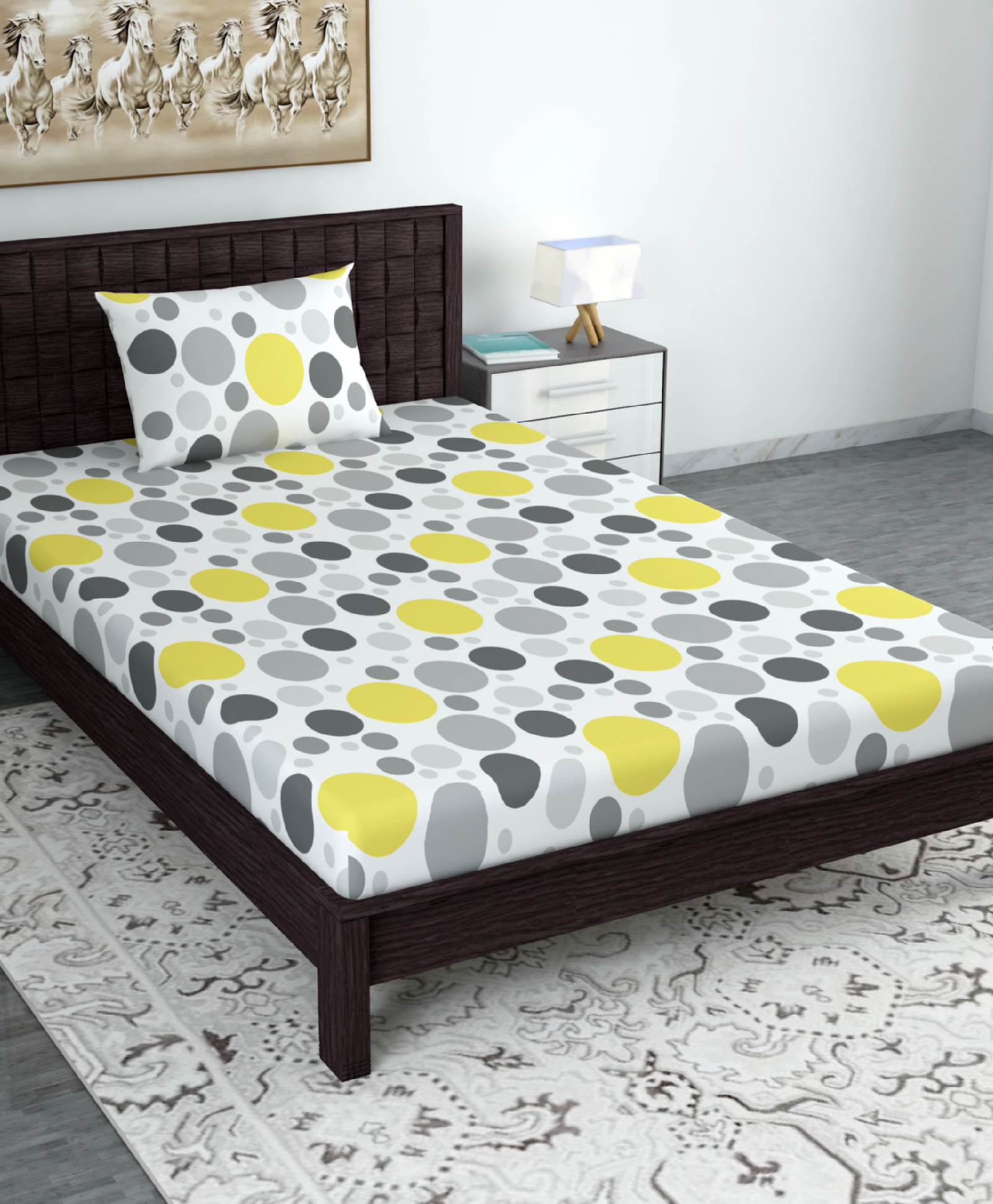 Divine Casa Polka Dots Cotton Single Bedsheet with 1 Pillow Cover - Pale Lime Yellow & Grey-image-4