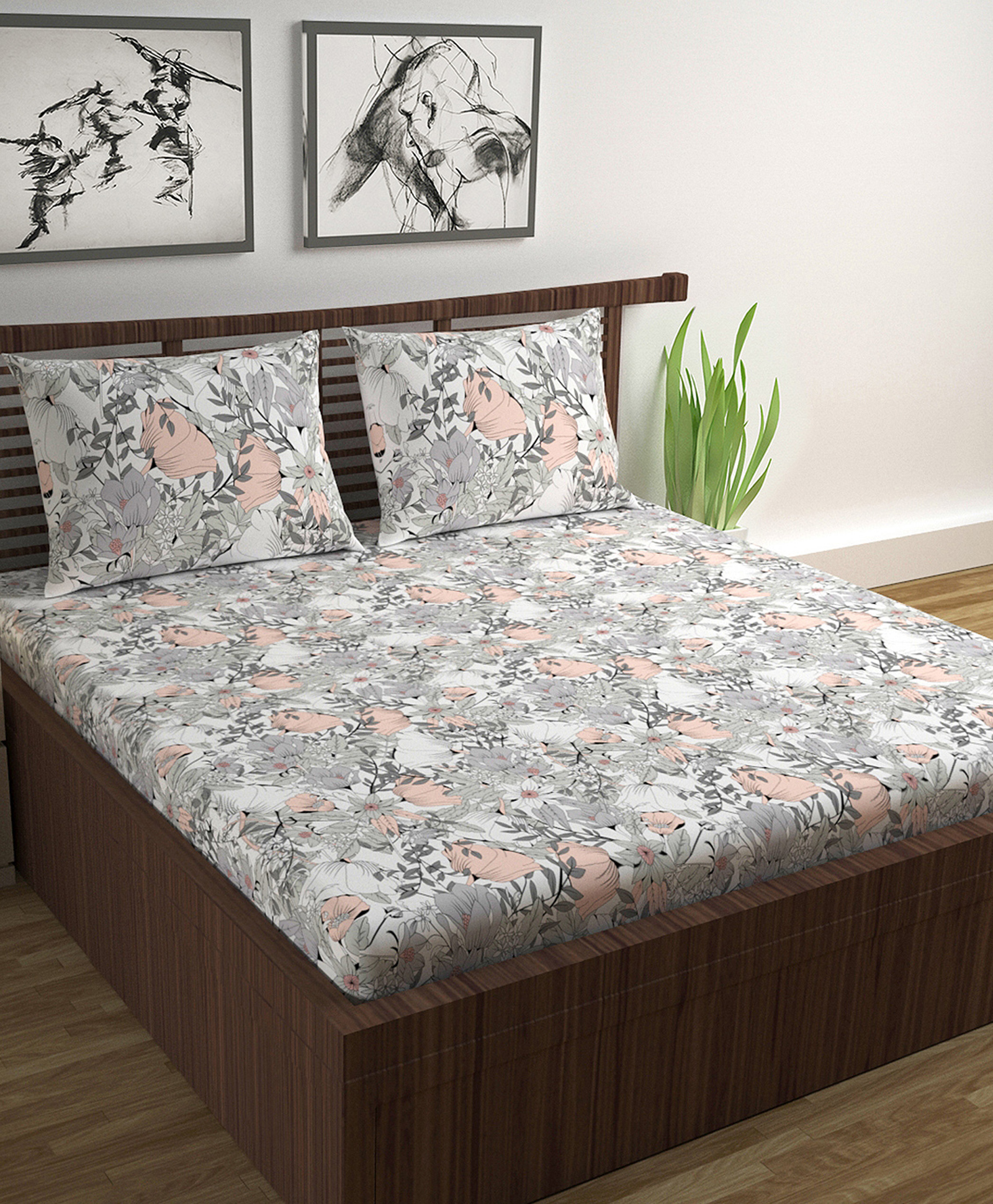 Divine Casa Floral Cotton Double Bedsheet with 2 Pillow Covers - Peach & White-image-4