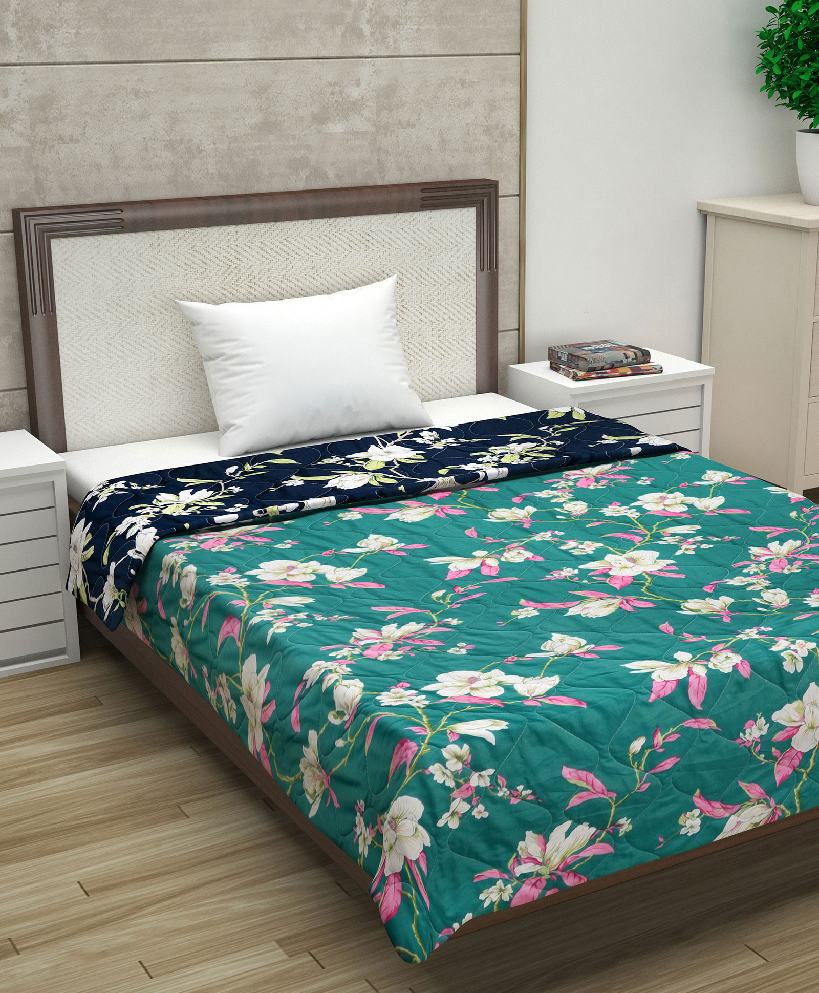 Divine Casa Microfibre All Weather 120 GSM Printed Reversible Single Bed Quilt Comforter Blanket - Sea Green & Blue-picture-12