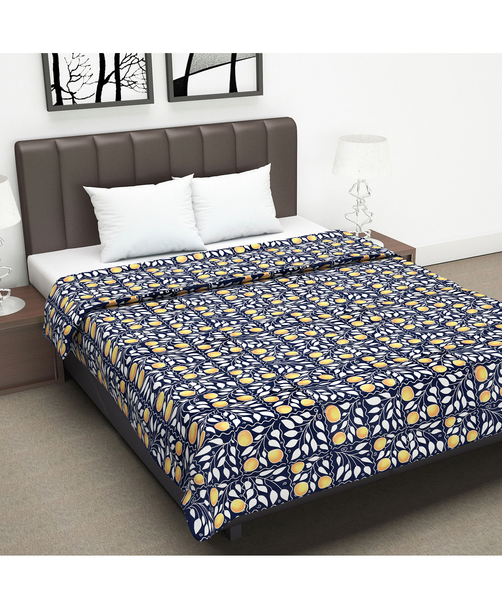 Divine Casa Glace Cotton 120 GSM Reversible Lightweight Printed Double Bed AC Dohar Blanket Quilt - Navy Blue and Yellow-picture-25
