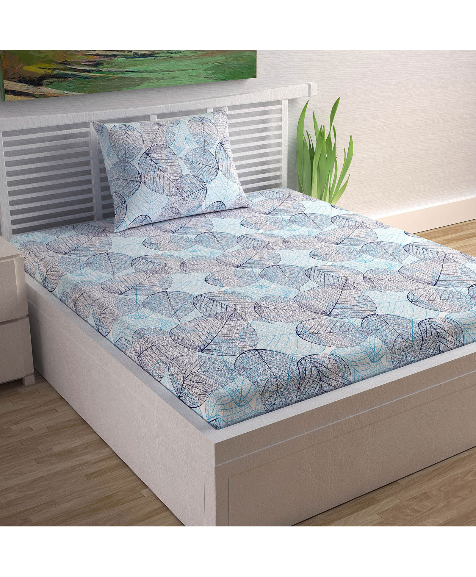 Divine Casa Floral Blend Cotton Single Bedsheet with 1 Pillow Cover - Blue & Navy-picture-18