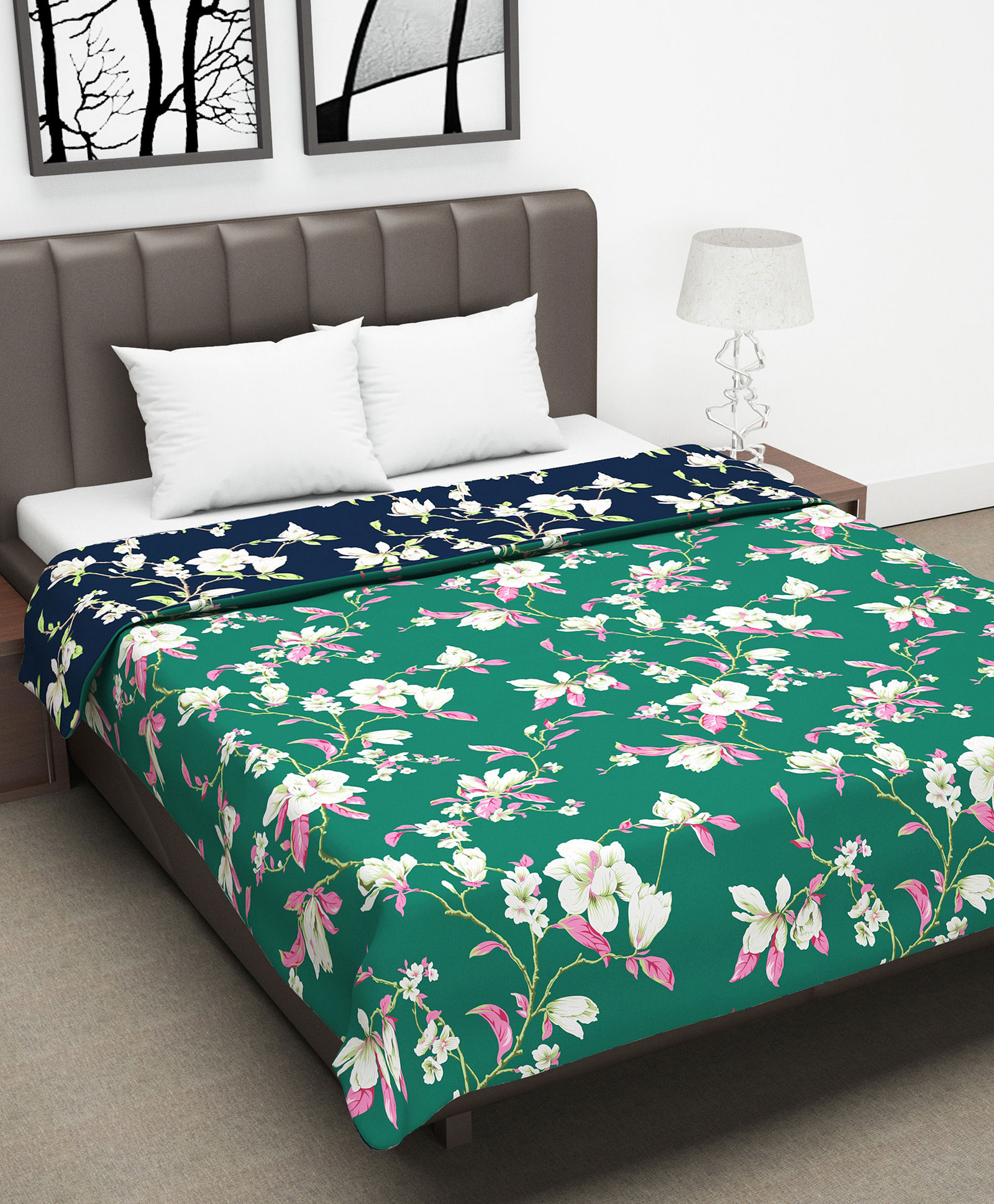 Divine Casa Reversible Lightweight Printed Double Bed Blanket - Green & Blue-image-12