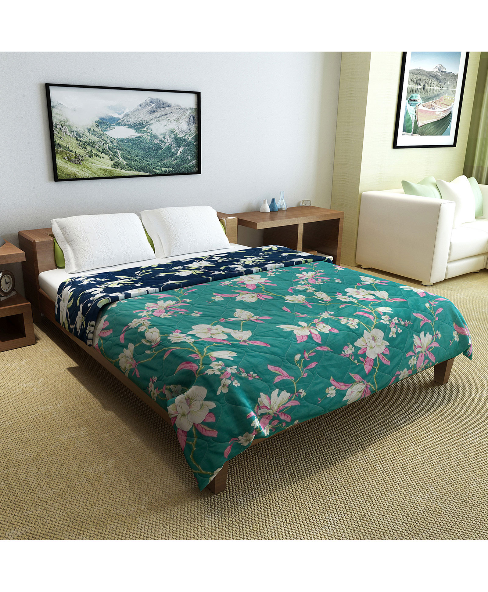 Divine Casa Microfibre All Weather 150 GSM Printed Reversible Double Bed Quilt Comforter Blanket - Green and Blue-picture-33