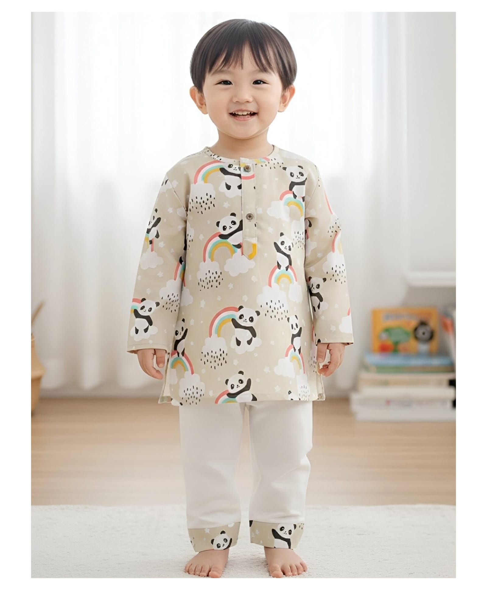 Polka Tots Full Sleeves All Over Panda With Rainbow Printed Kurta & Coordinating Pyjama Set - Cream-picture-10
