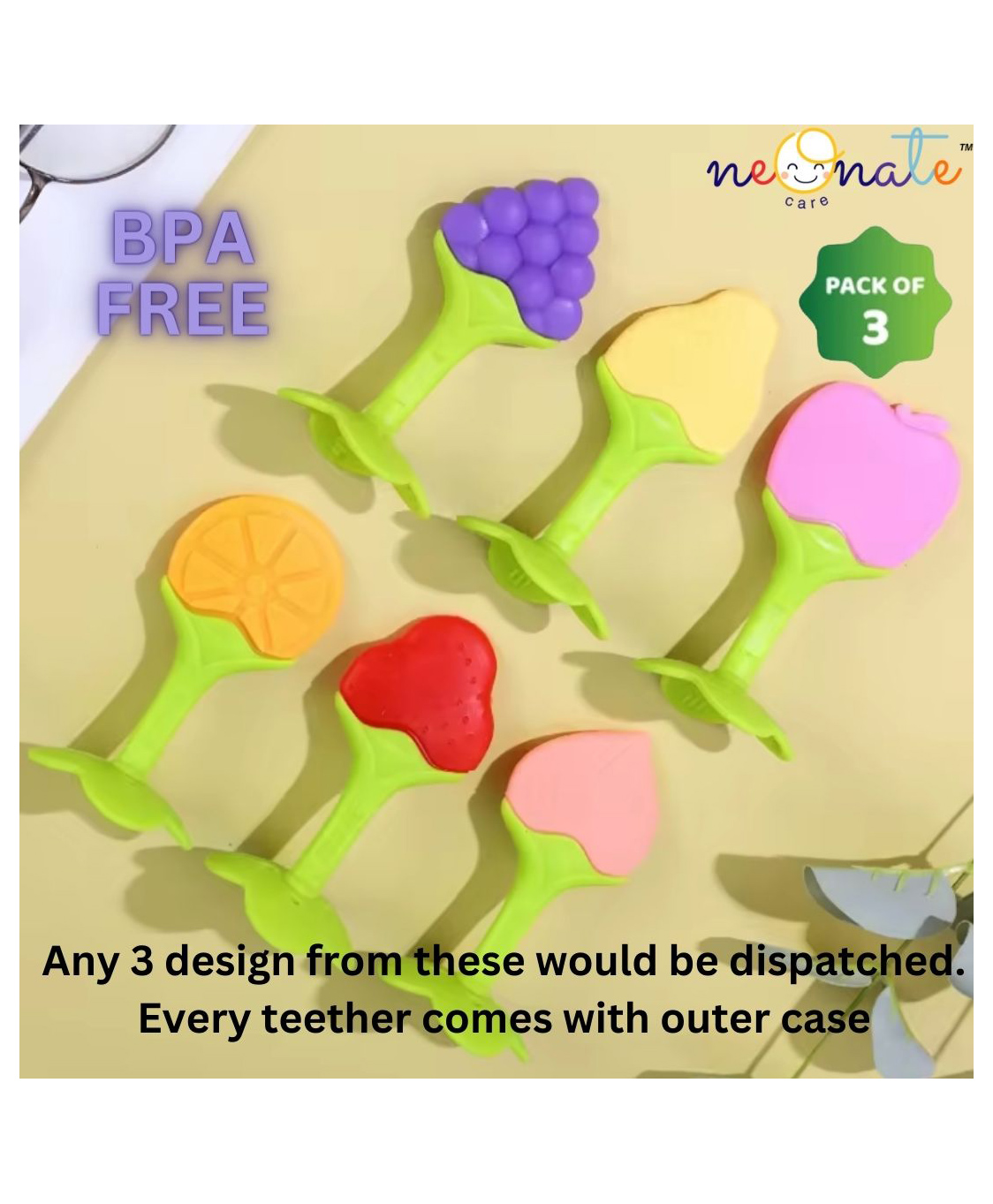NeonateCare Baby Teether Set of 3 Fruit shaped Teether ( Color and design May Vary)-image-12