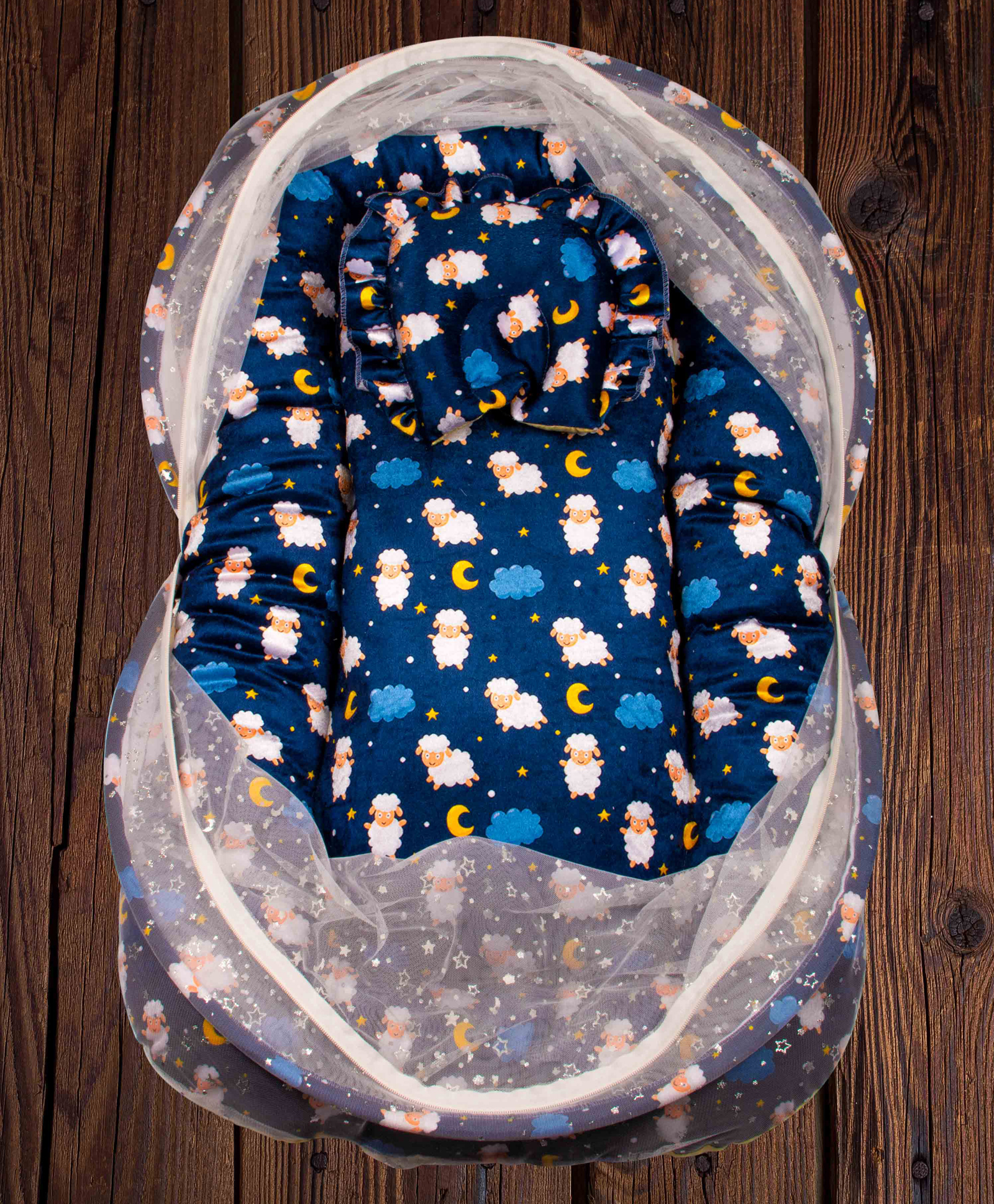 Mittenbooty Mosquito net bedding Jumbo in shining velvet fabric and sparkle net in Sheep print- Blue-image-32