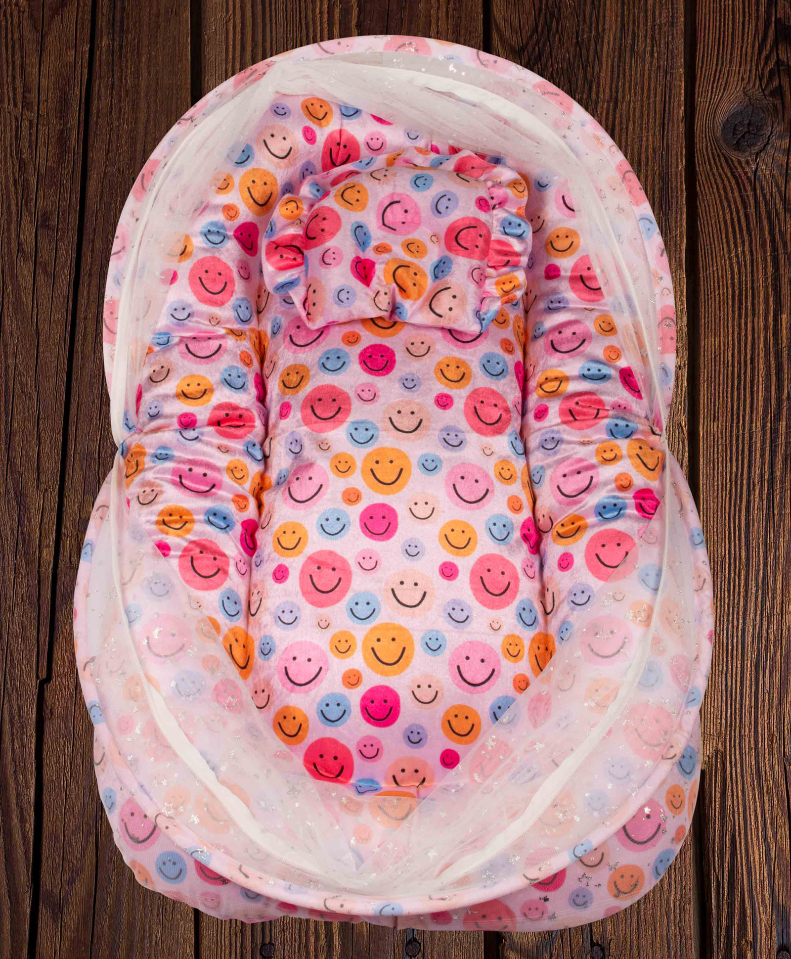 Mittenbooty Mosquito net bedding Jumbo in shining velvet fabric and sparkle net in Smiley print- Pink-image-24