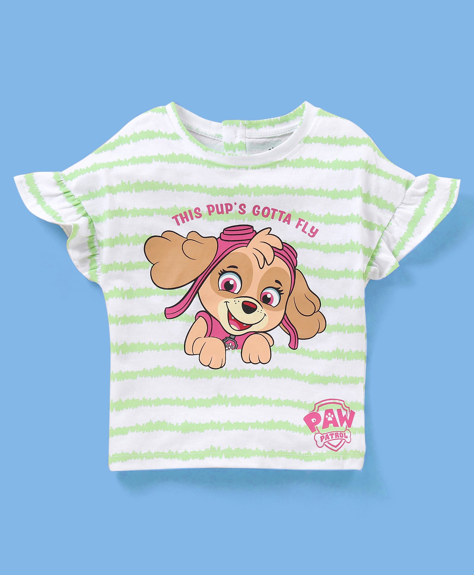 Babyhug 100% Cotton Knit Half Sleeves Tee With Paw Patrol Skye Graphics & Frill Detailing - White & Green-image-22