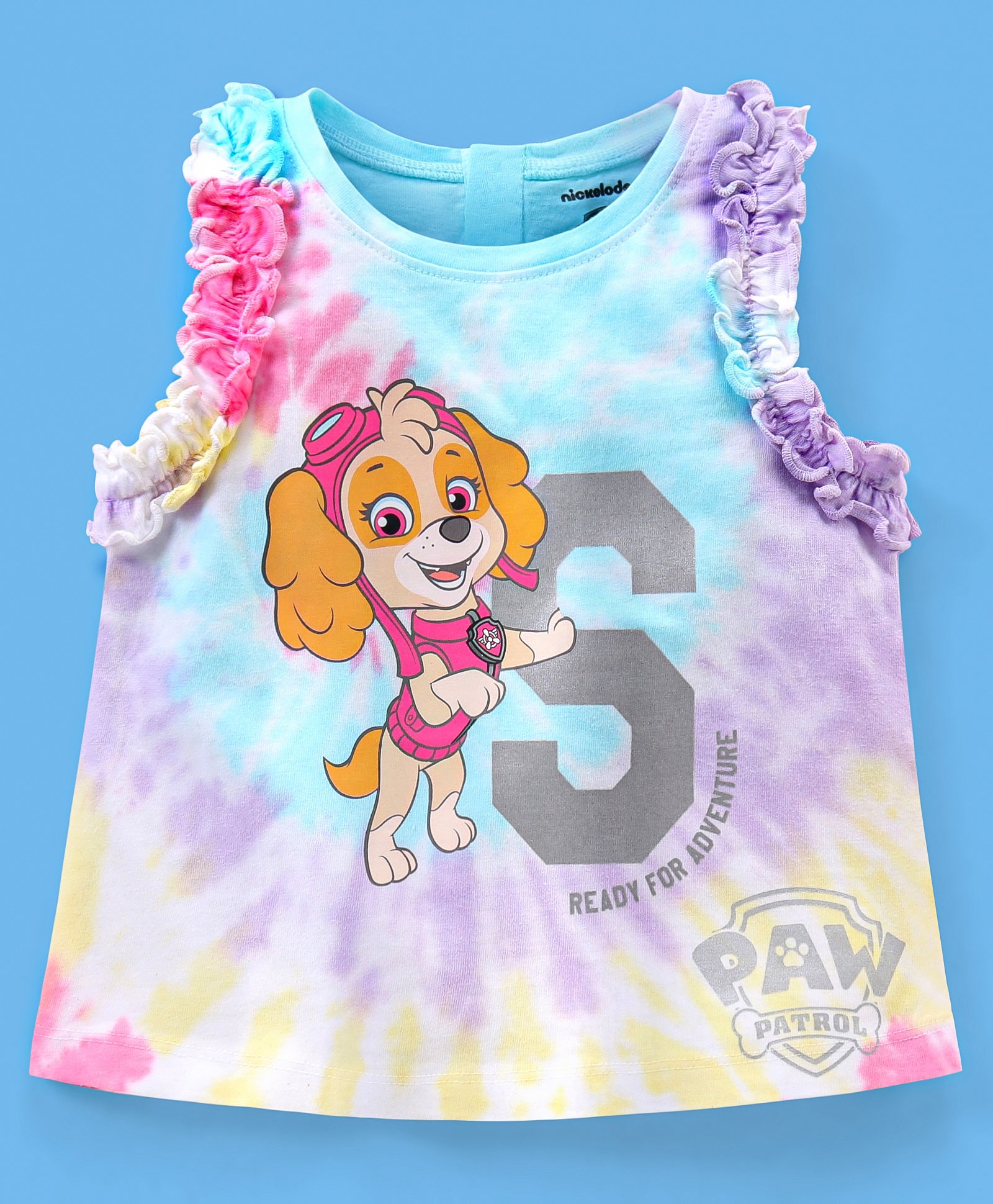 Babyhug 100% Cotton Sleeveless Tee Tie Dye Paw Patrol Skye Graphics With Glitter & Frill Detailing - Blue-image-11