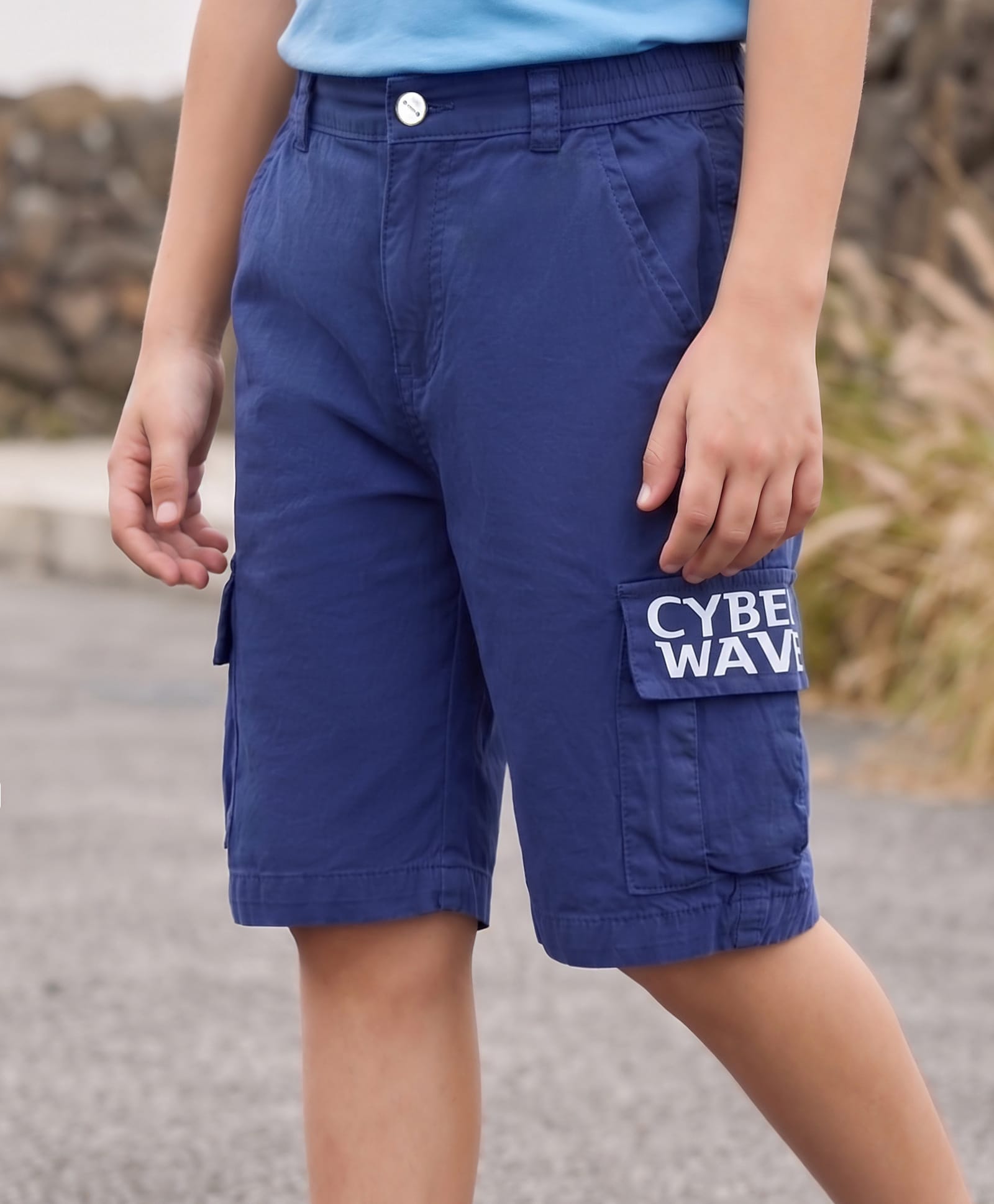 arias by lara dutta Arias Cotton Stretch Twill Overdye Shorts with Cargo Pockets & Print - Navy-picture-12