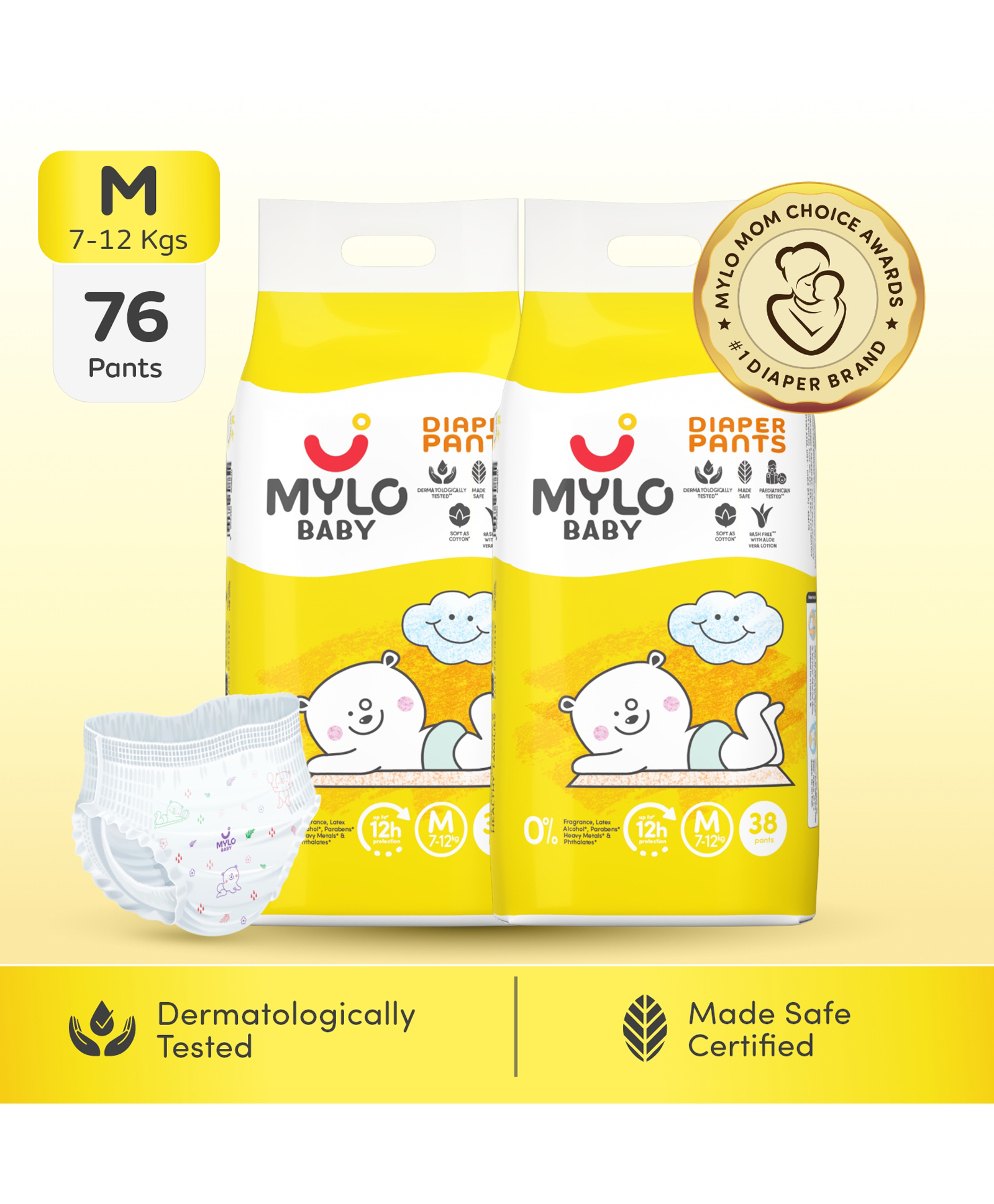 Mylo Baby Diaper Pants Medium M Size 7-12 kgs with ADL Technology - 76 Count - 12 Hours Protection-picture-40