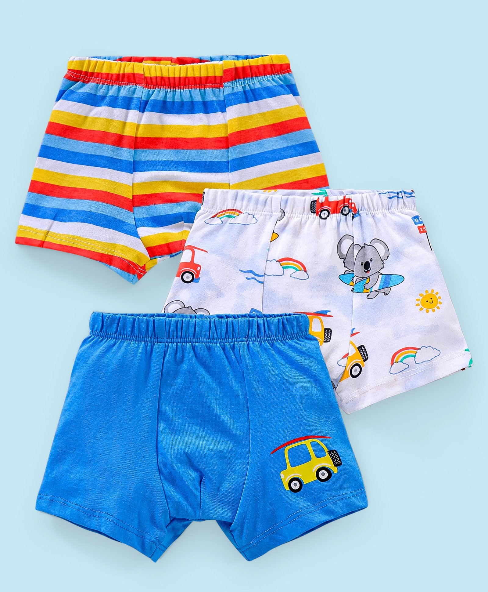 Babyhug 100% Cotton Knit Striped Trunks Car Print Pack of 3 - Blue & White-image-12