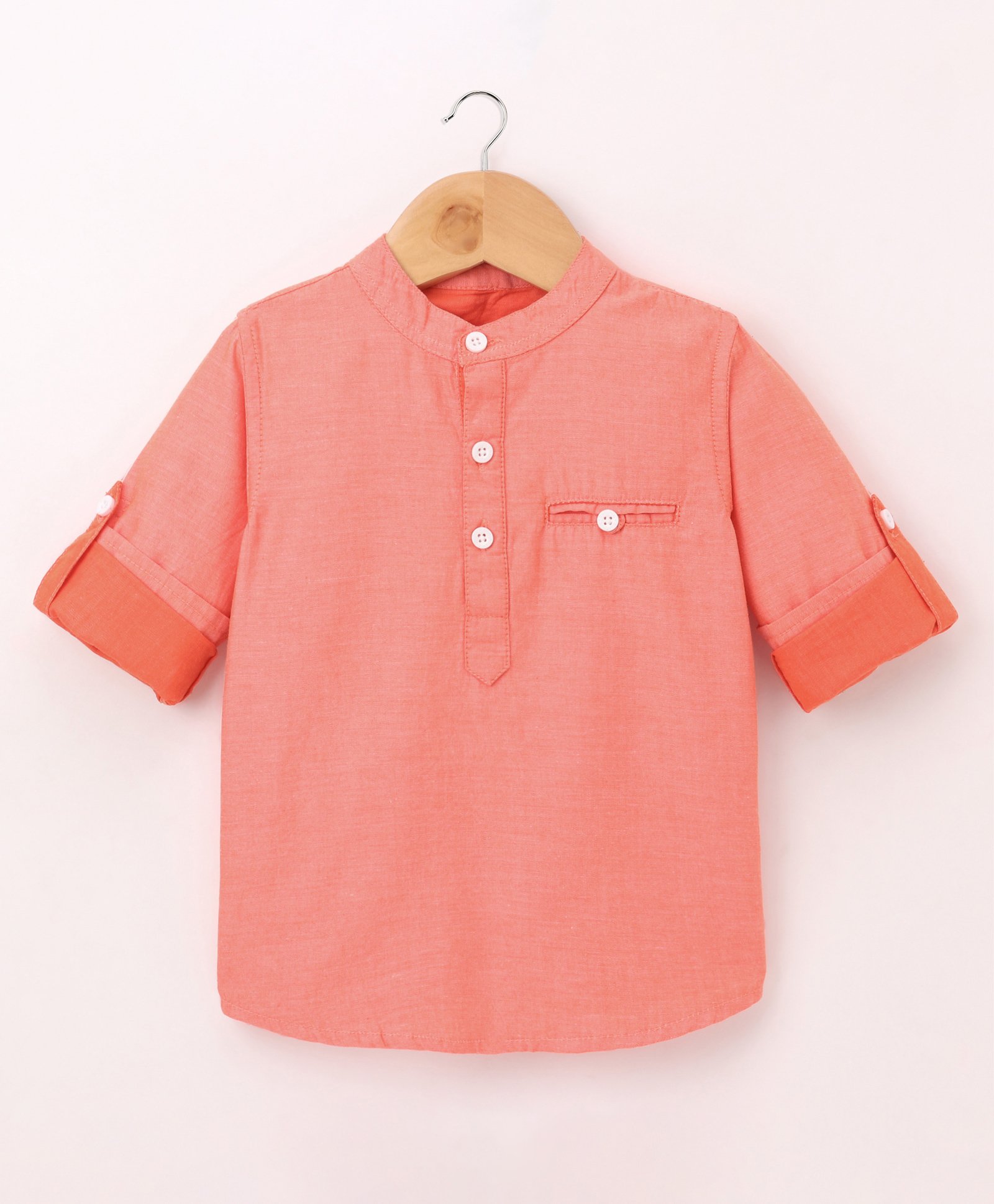 Babyhug 100% Cotton Full Sleeves Solid Color Kurta Style Shirt - Orange-image-22