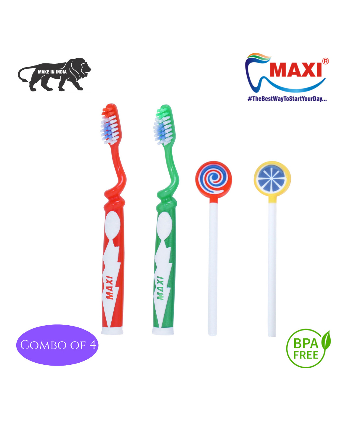 MAXI Oral Care Junior Twisty Junior Two Toothbrush With Two Lollipop Tongue Cleaner - Red & Green-image-6
