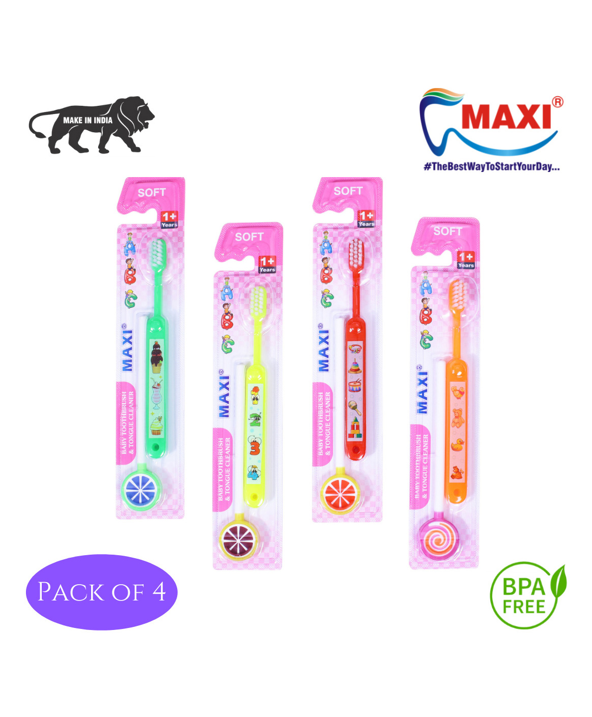 Maxi Abc Baby Toothbrush and Tongue Cleaner Oral Hygiene Kit Multicolour - Pack of 4-image-6