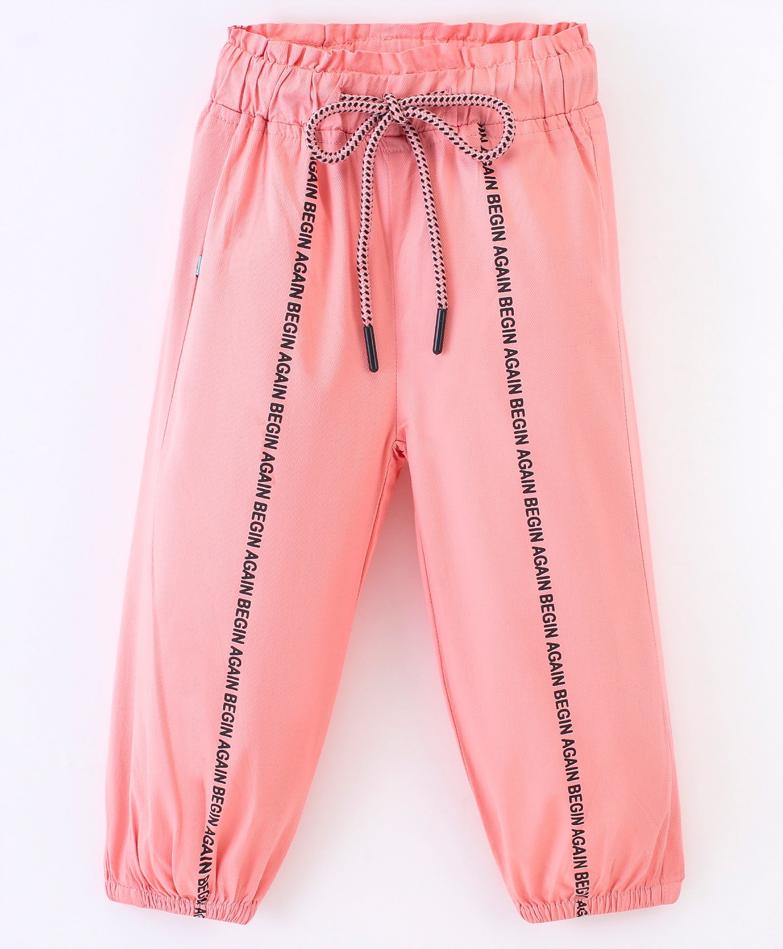 Kookie Kids Girls Full Length Lounge Pants With Graphics Print & Cord Detailing -Peach-picture-27