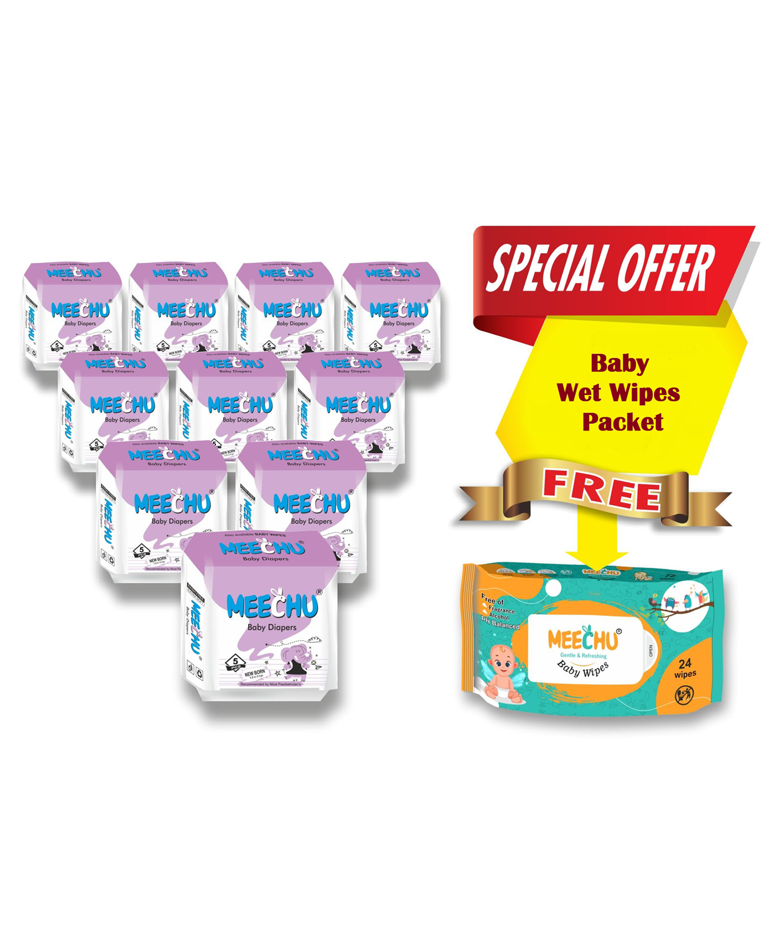 Meechu Baby Diapers Combo With Free Wipes - Pack of 10-image-13