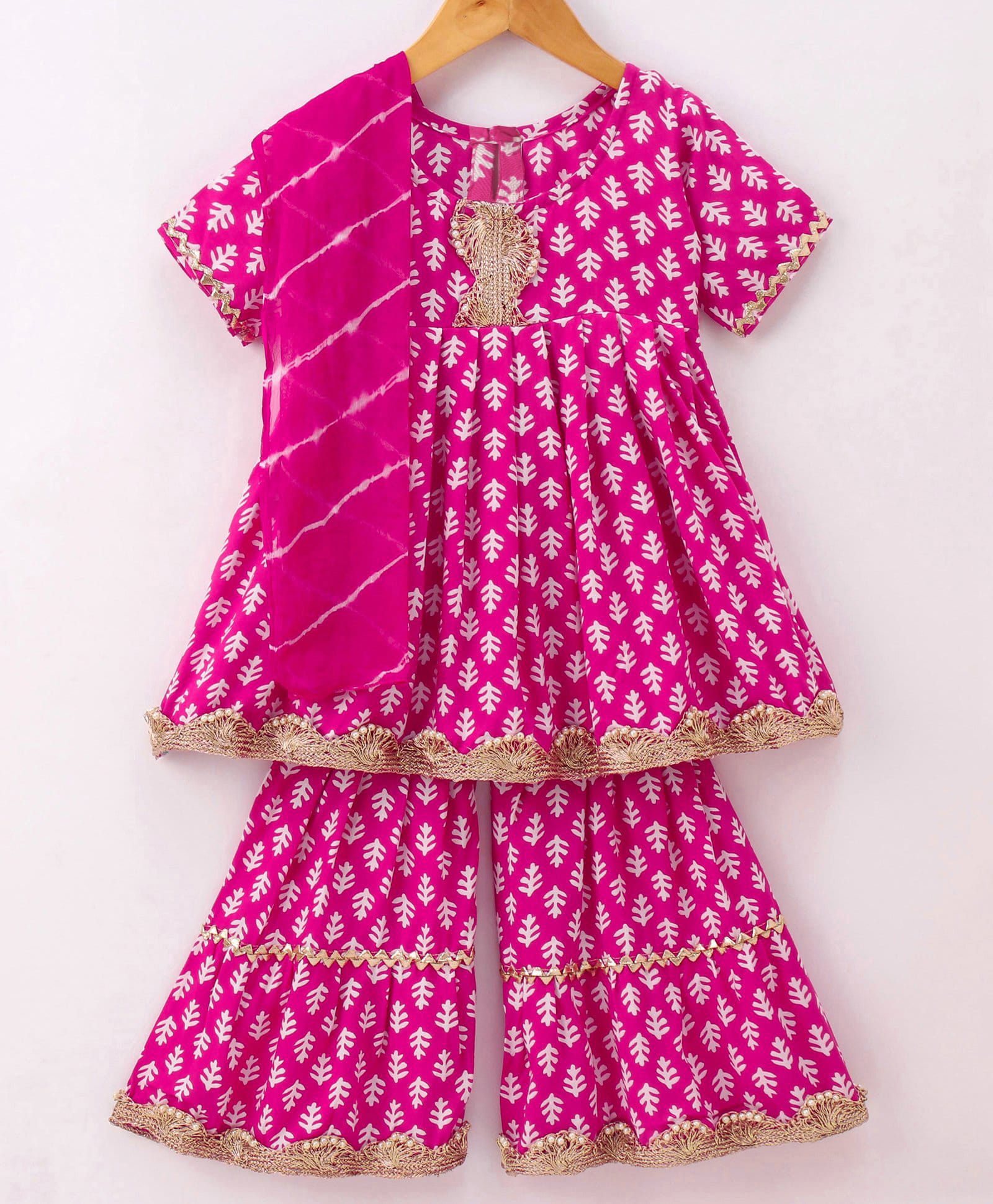 Teentaare Half Sleeves Kurta Sharara Set with Dupatta Printed Jaipuri Print - Pink-image-25