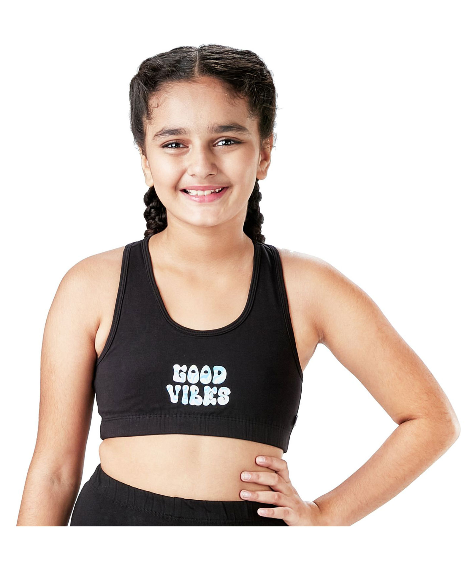 Plan B 95% Cotton 5% Spandex Double Layered Racer Back Good Vibes Printed Sports Bra - Black-picture-15