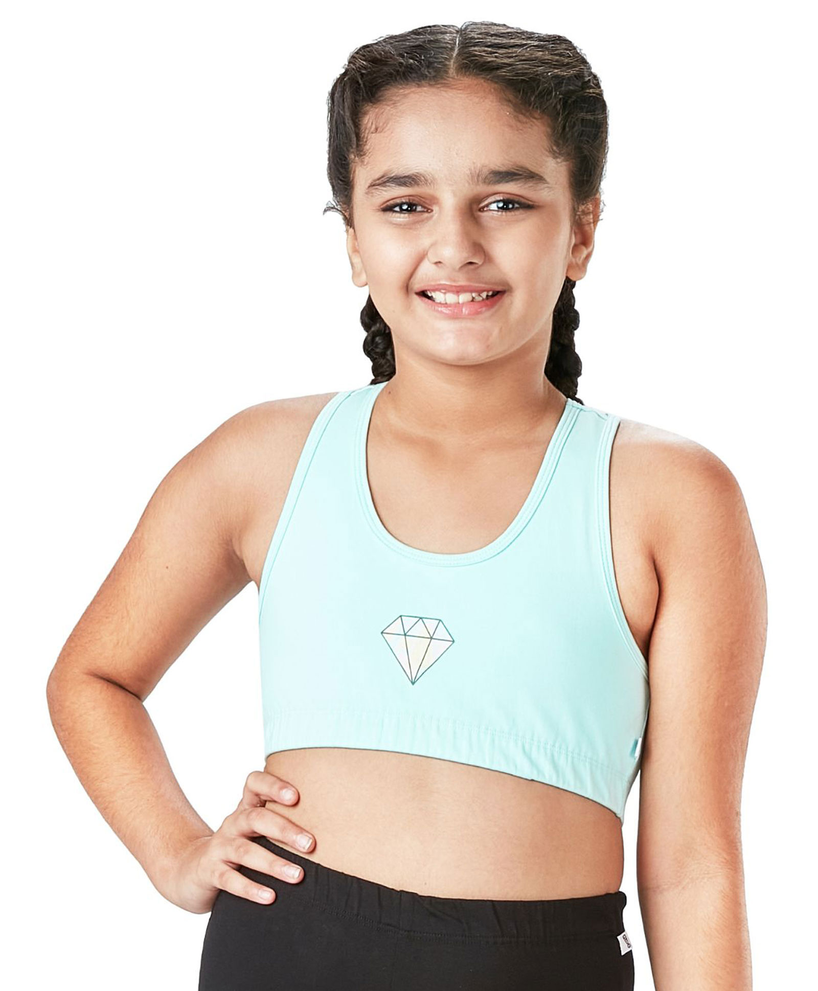 Plan B 95% Cotton 5% Spandex Double Layered Racer Back Diamond Printed Sports Bra - Mint Green-image-3