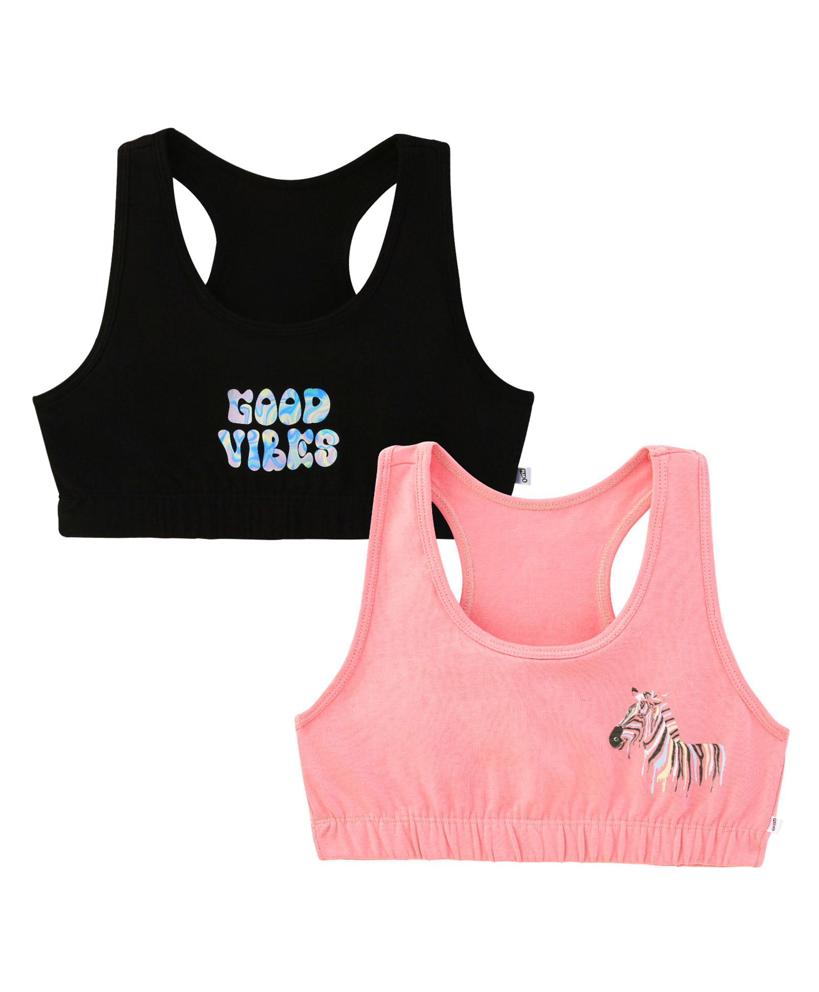 Plan B 95% Cotton 5% Spandex Pack Of 2 Double Layered Racer Back Good Vibes & Zebra Printed Sports Bras - Black & Coral-picture-20