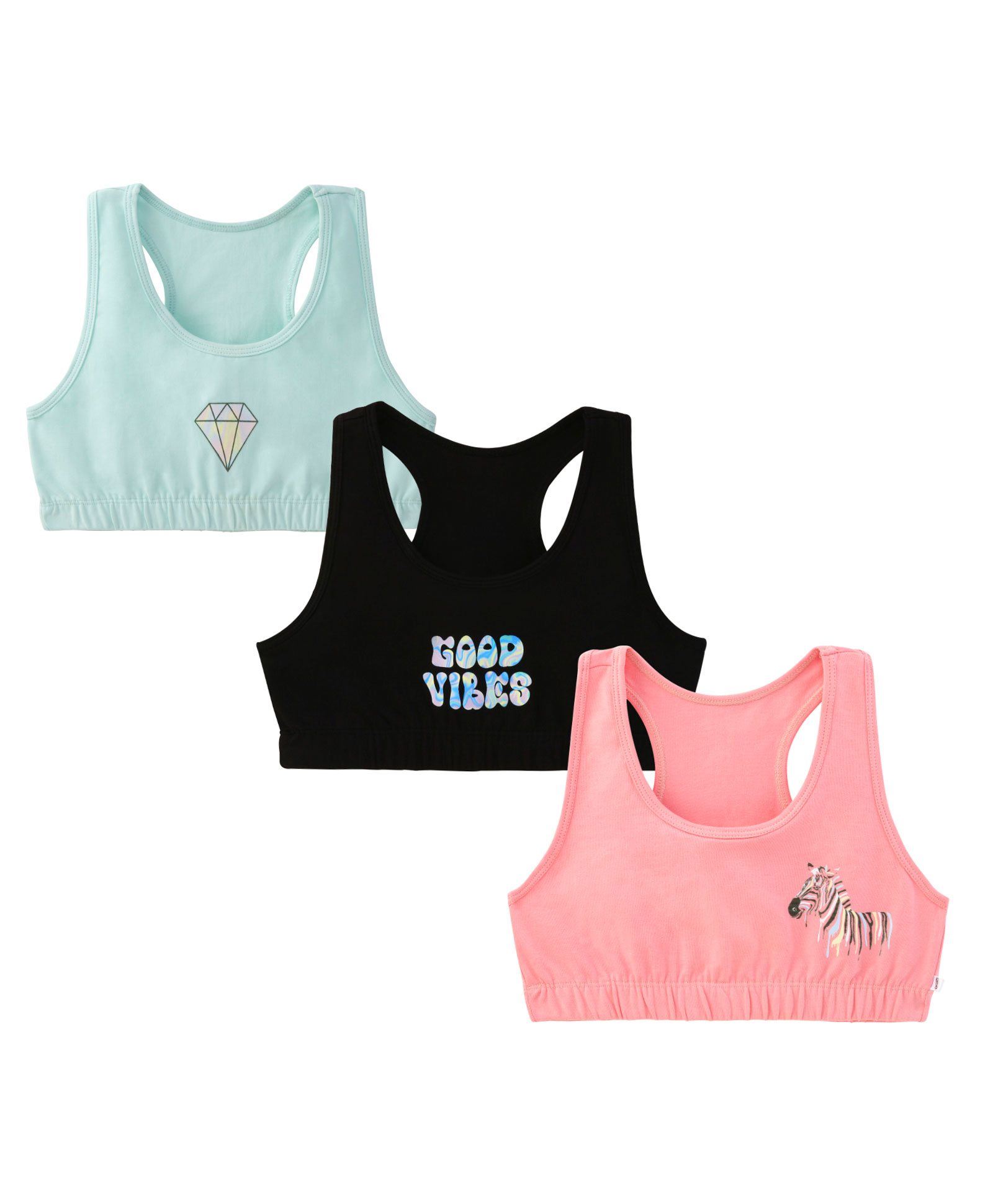 Plan B 95% Cotton 5% Spandex Pack Of 3 Double Layered Racer Back Zebra & Diamond Printed Sports Bras  - Mint Green Black & Coral-picture-25
