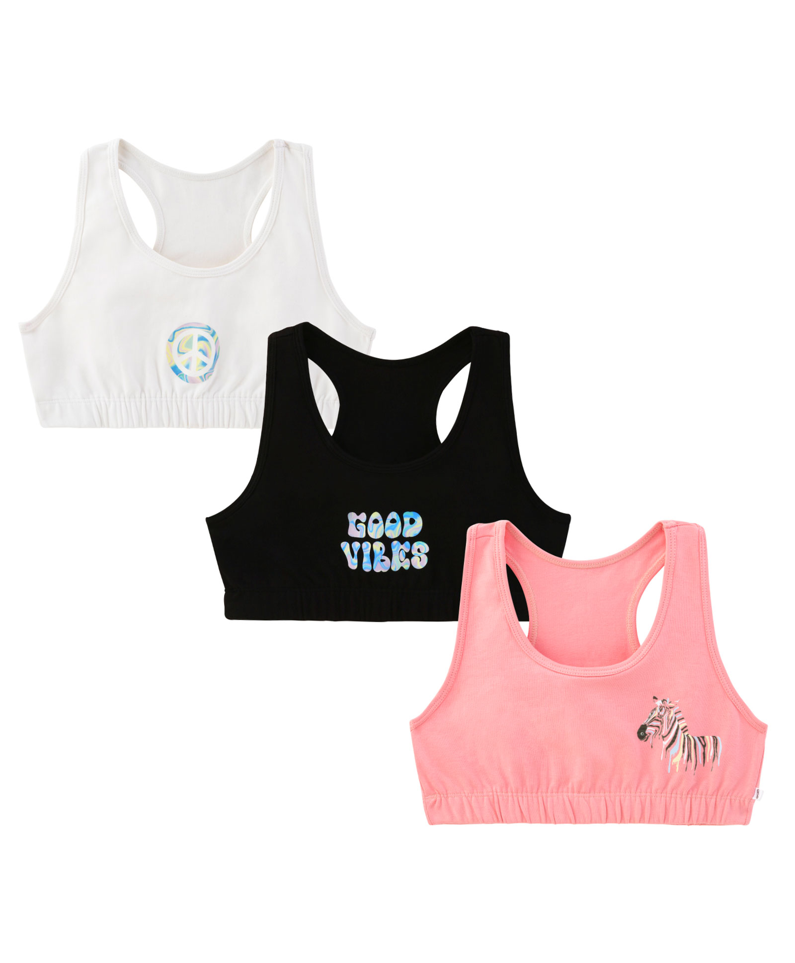 Plan B 95% Cotton 5% Spandex Pack Of 3 Double Layered Racer Back Zebra Peace Good Vibes Printed Sports Bras - Multi Colour-image-3