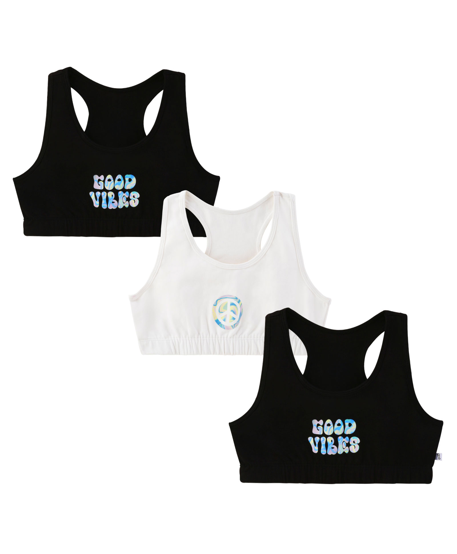 Plan B 95% Cotton 5% Spandex Pack Of 3 Double Layered Racer Back  Peace Good Vibes Printed Sports Bras - Black & White-picture-26