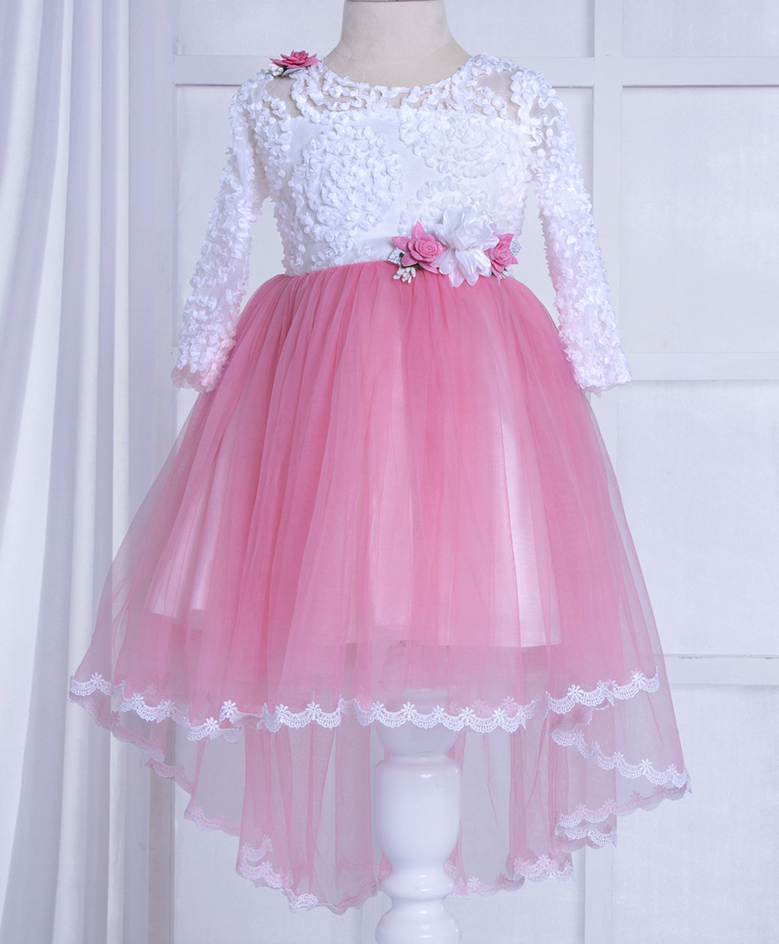 Ministitch Three Fourth Sleeves Corsage Applique Bottom Lace Detailed Tulle Party Wear Dress - Pink-image-17