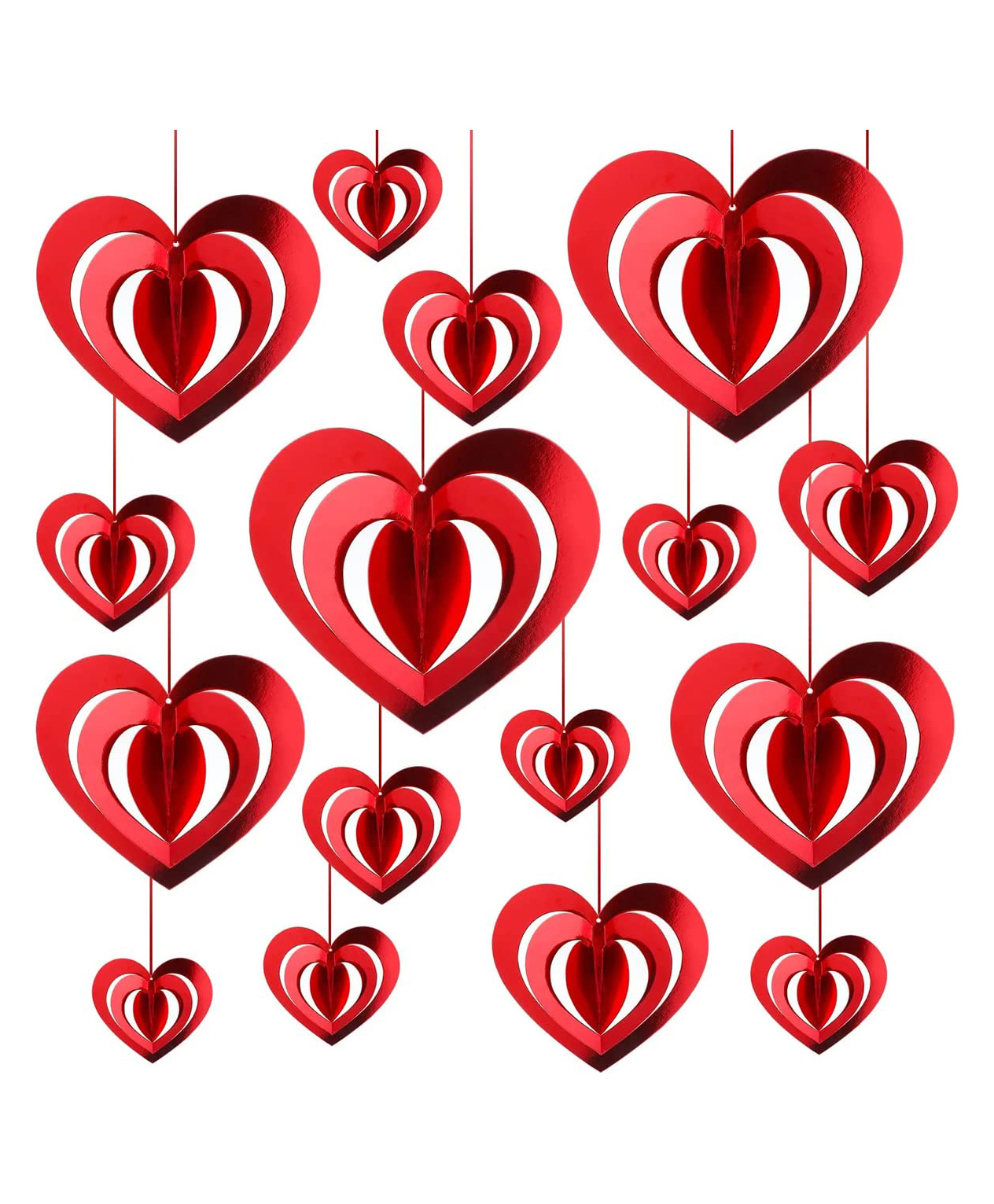 AMFIN 3D Heart Rotating Pendant Set For Birthday Decorations & Baby Shower Red Glitter - Pack Of 16