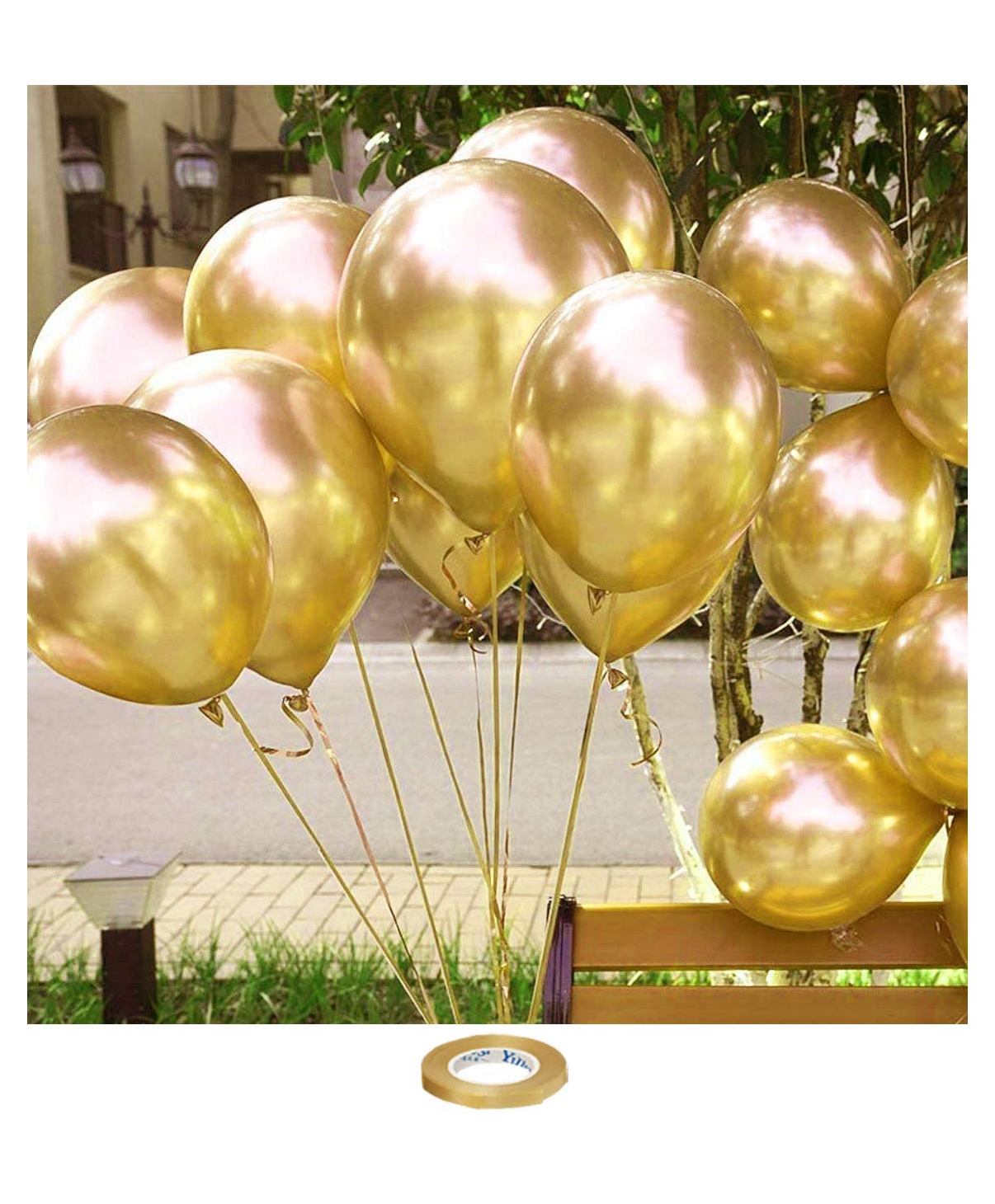 AMFIN Gold Chrome Balloons with Curling Ribbon Golden - Pack of 26-picture-21