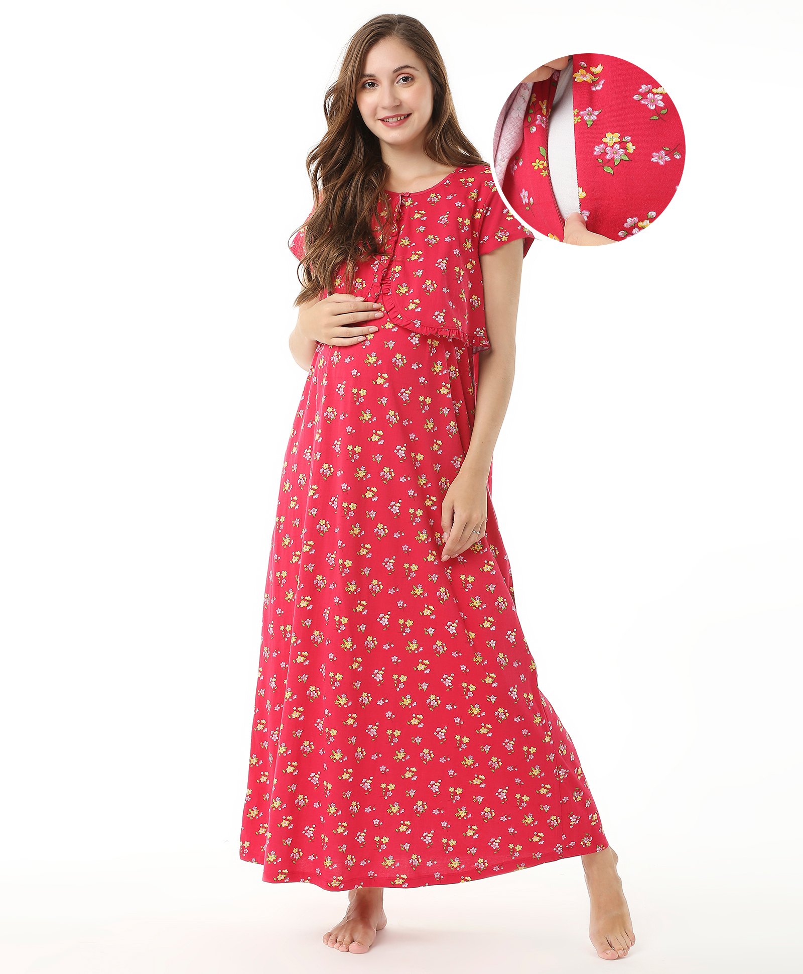 Bella Mama Cotton Half Sleeves Floral Print Nursing & Maternity Nighty with Concealed Zipper - Red-picture-31