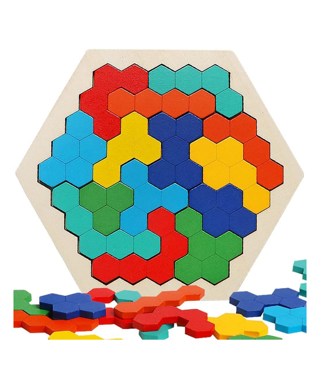 Enorme Wooden Hexagon Shape Pattern Geometric Brain Teaser Educational Blocks Puzzle - 14 Pieces-image-13