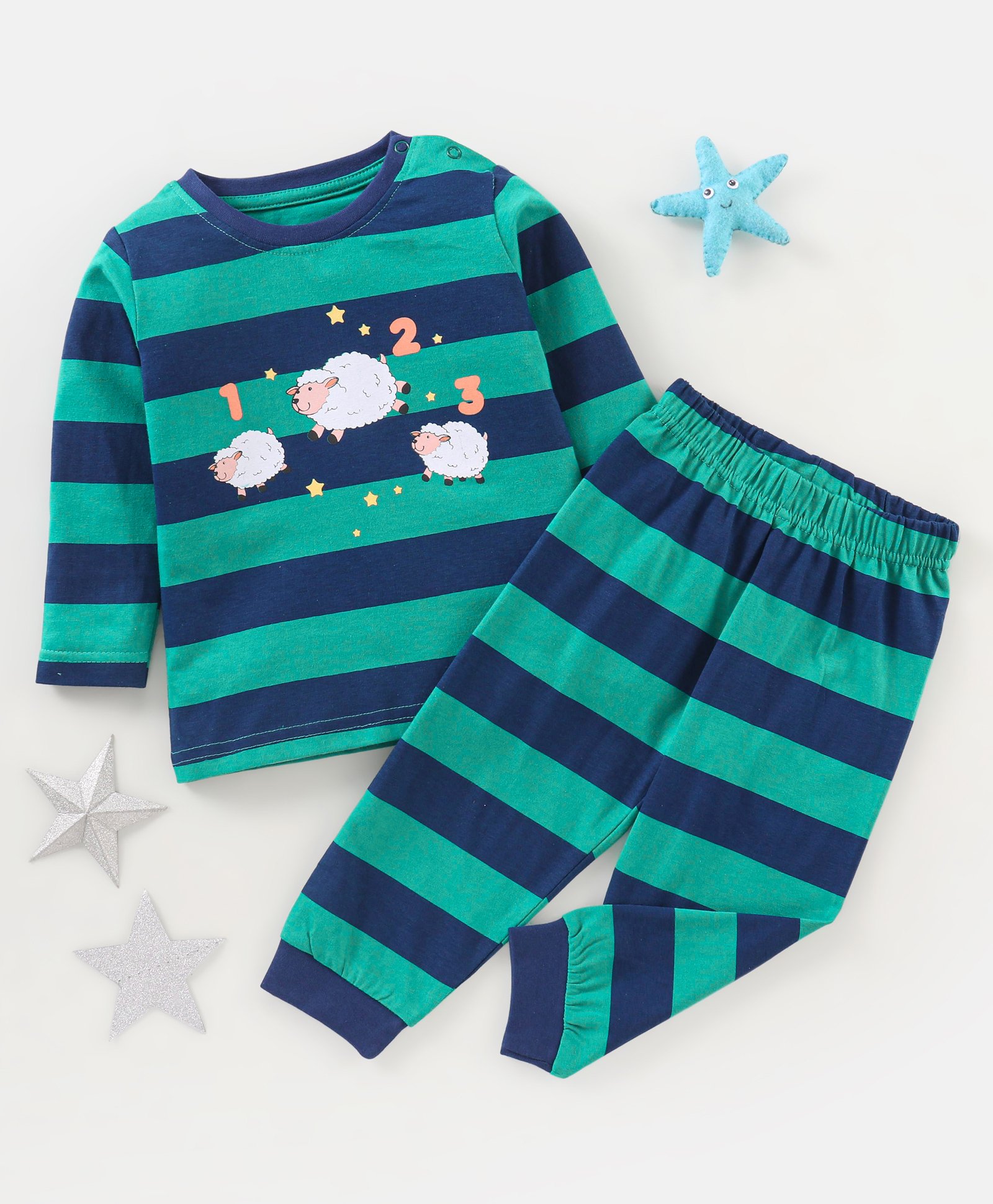 Babyhug Cotton Knit Full Sleeves Night Suit Sheep Print - Green-image-19