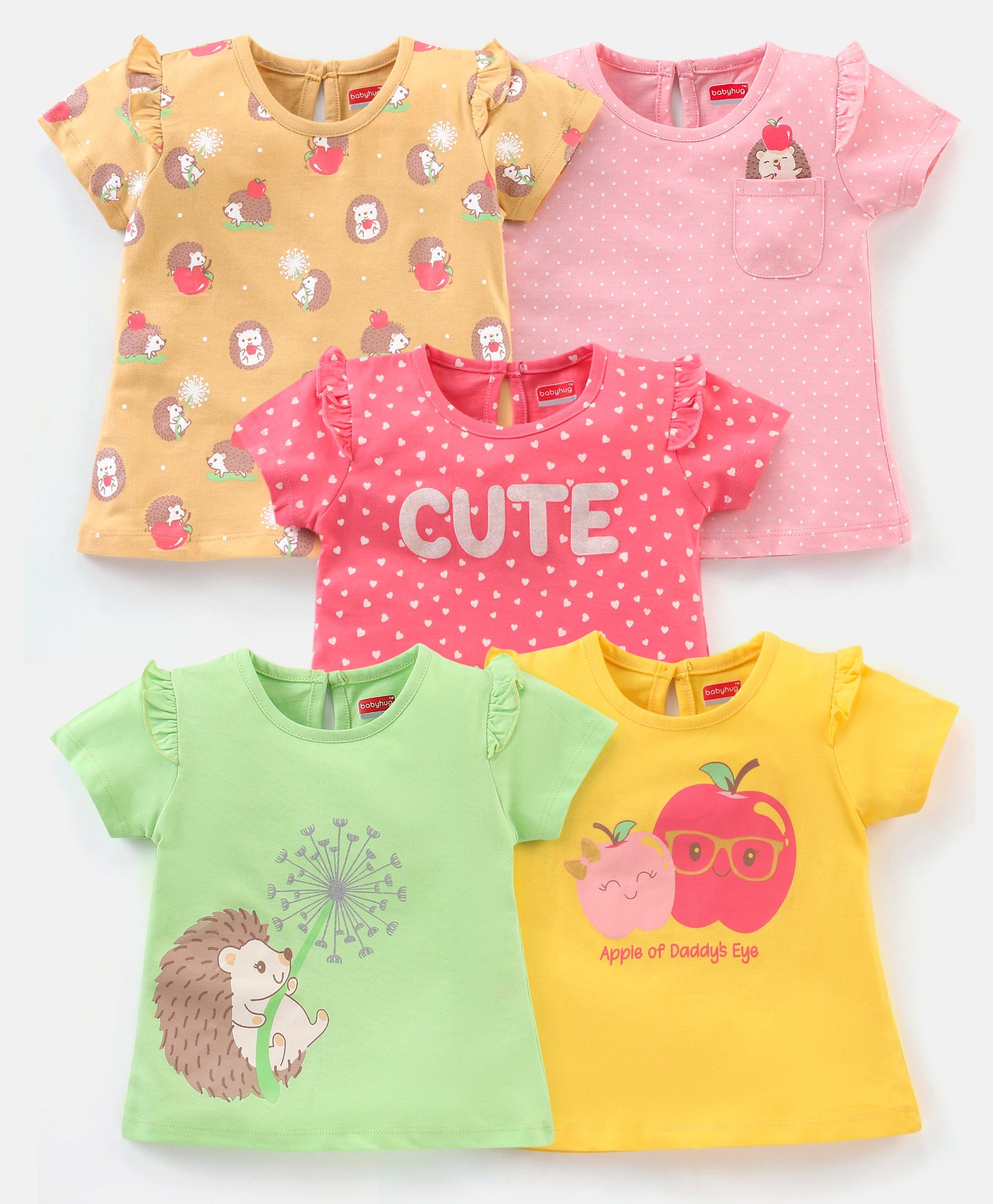 Babyhug 100% Cotton Half Sleeves Tee With Fruits Print & Frill Detailing Pack Of 5 - Multicolour-image-9