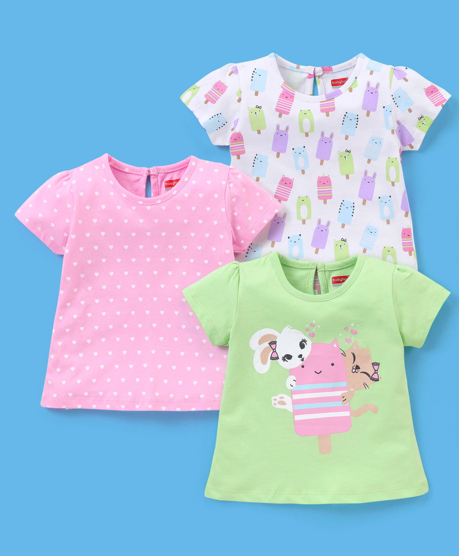 Babyhug 100% Cotton Half Sleeves Tee Ice Cream Print Pack Of 3 - White Green & Pink-image-7
