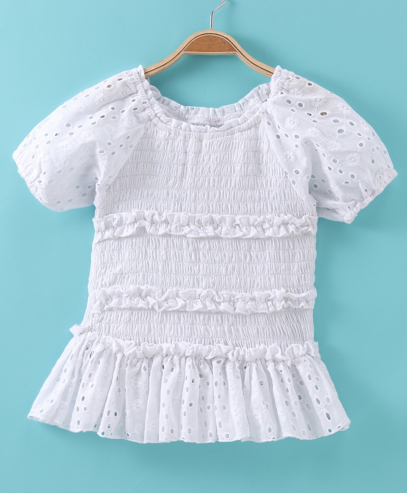 Kookie Kids Half Sleeves Top with Smocking & Schifilli Detailing - White-picture-24