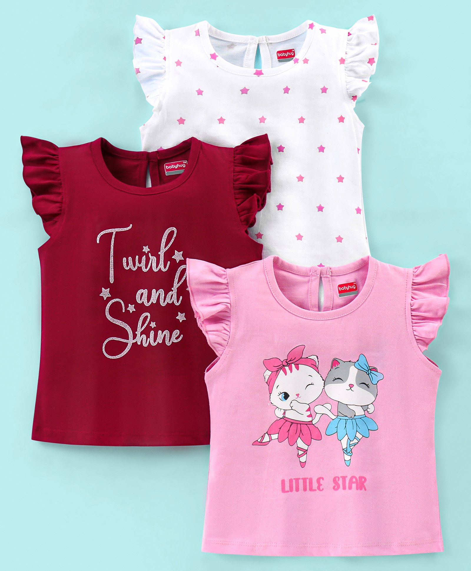 Babyhug 100% Cotton Frill Sleeves Tee With Kitty & Stars Graphics Pack of 3- Pink & Maroon-image-46