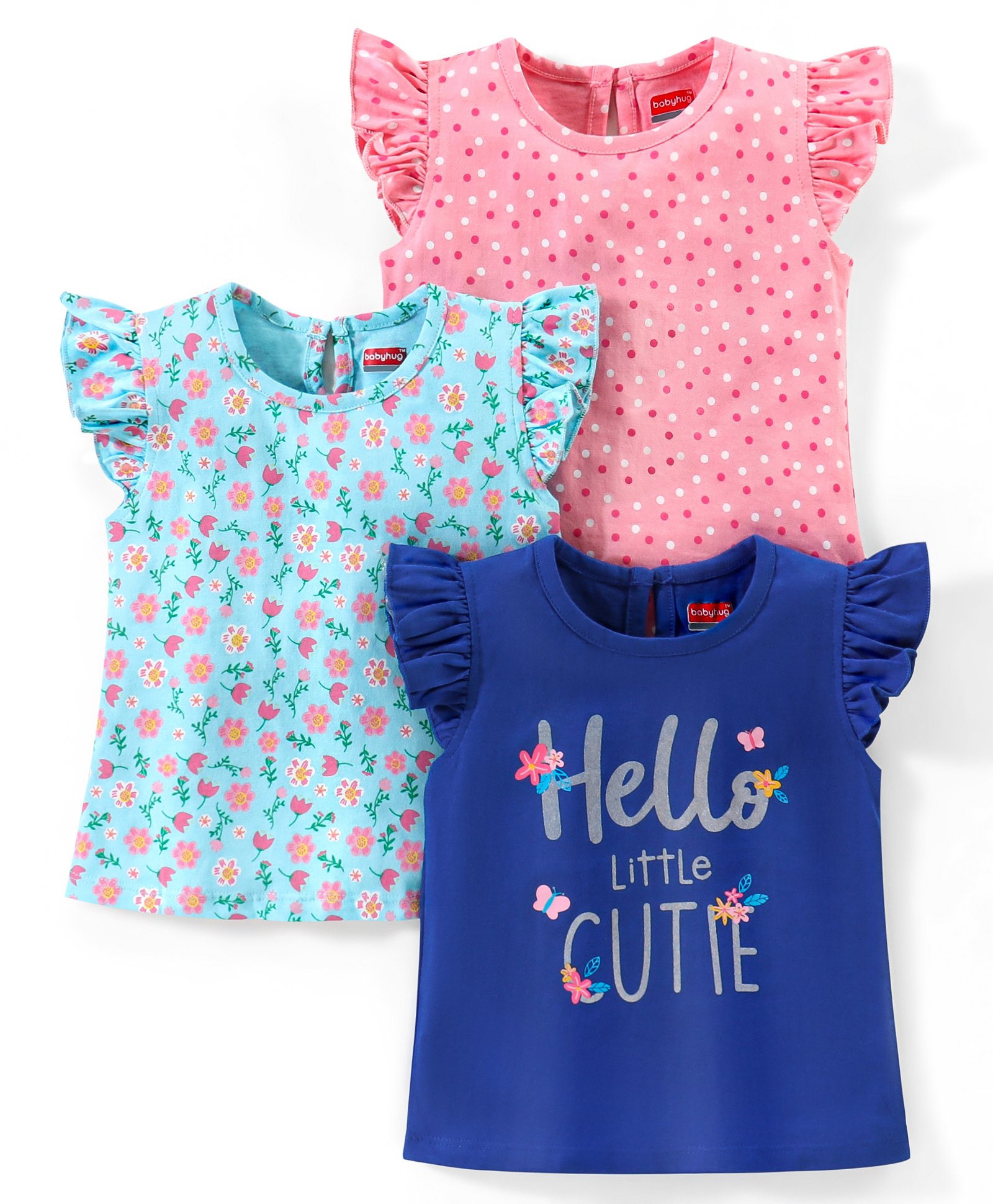 Babyhug 100% Cotton Frill Sleeves Tee With Floral & Text Graphics Pack of 3- Blue & Pink-image-34