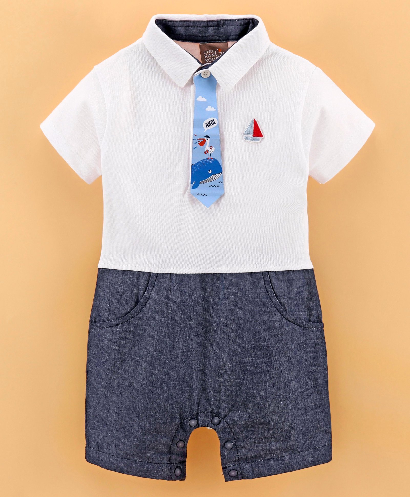 Little Kangaroos  Half Sleeves Party Rompers with Tie Whale Print - White-picture-27
